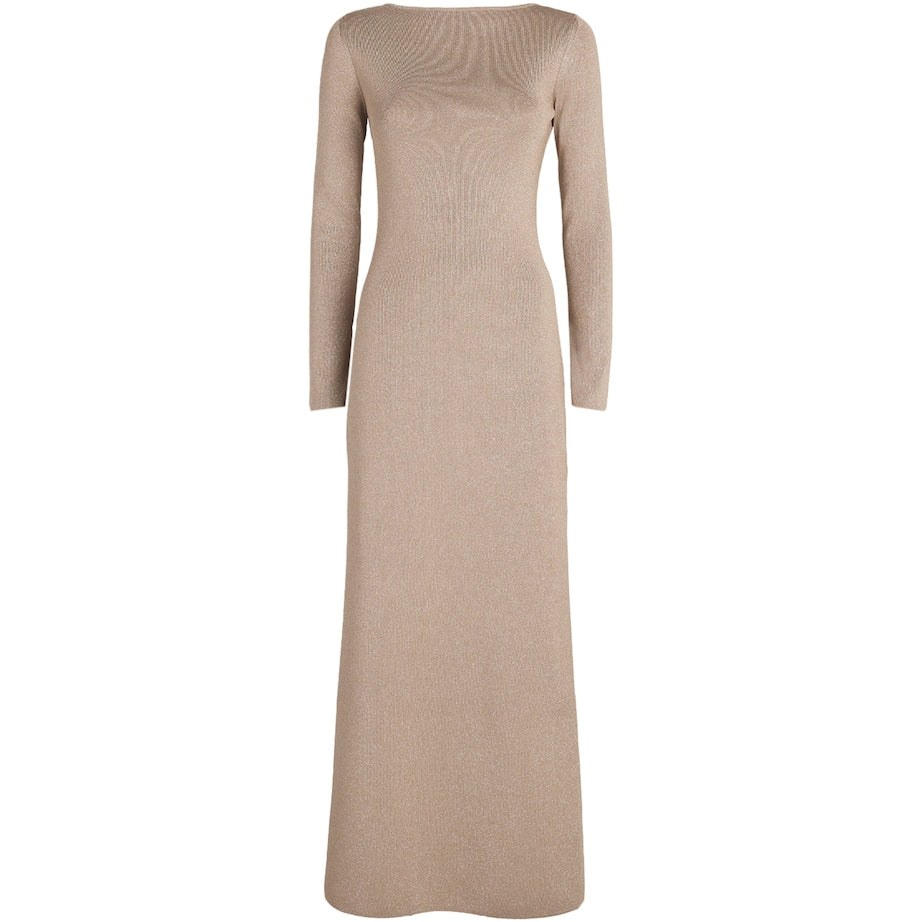 Max Mara Beige Metallic-Knit Maxi Dress