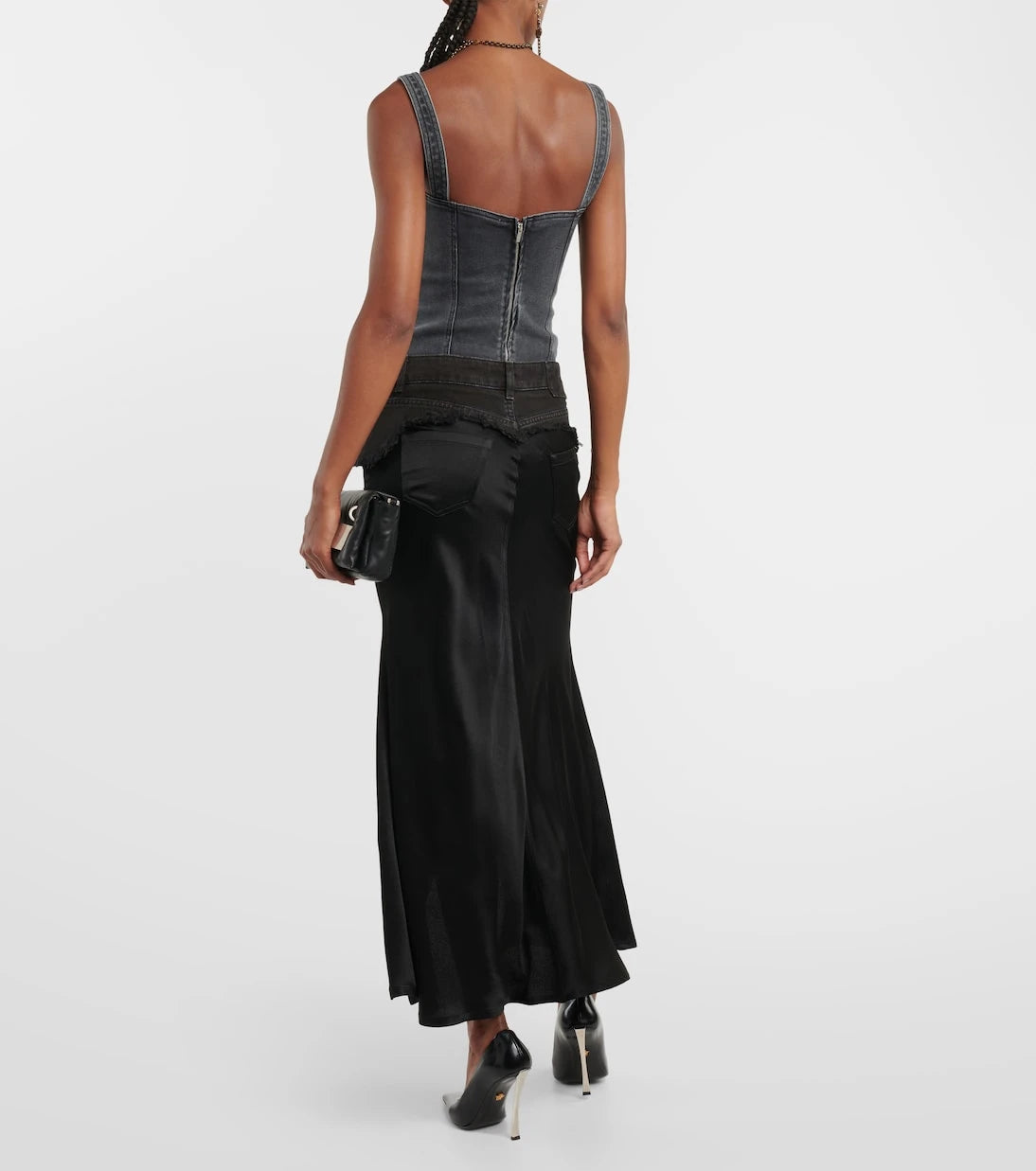 Blumarine - Denim-trimmed satin maxi skirt