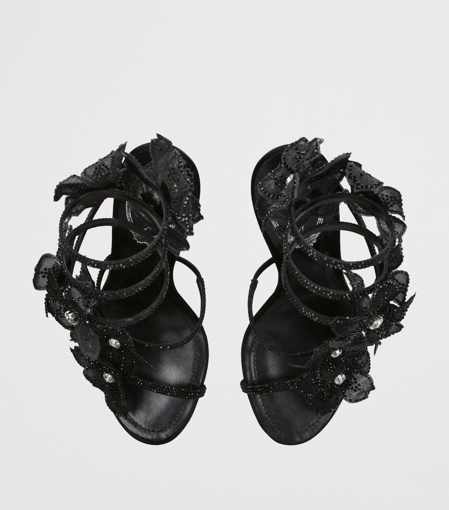 René Caovilla Black Satin Floral Cleo Sandals 105
