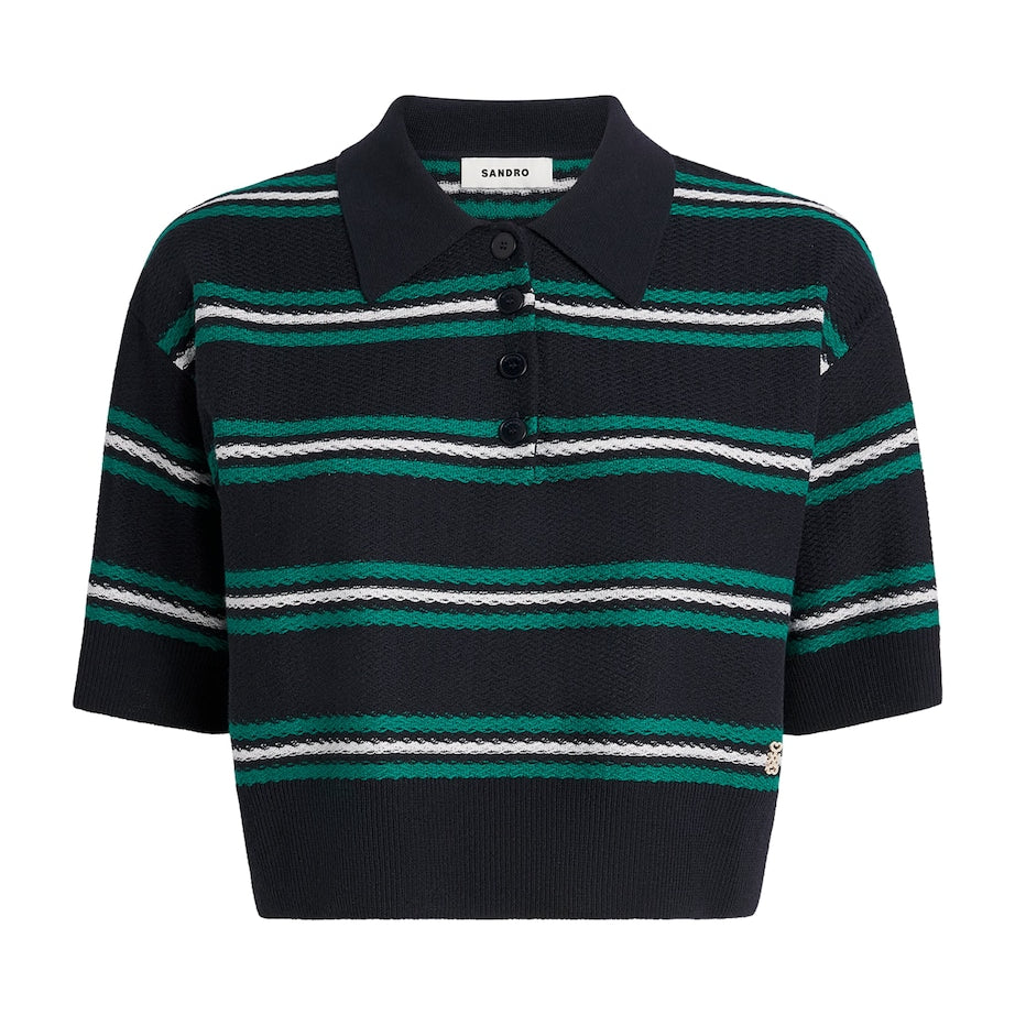 Sandro Paris Blue Striped Cropped Polo Sweater