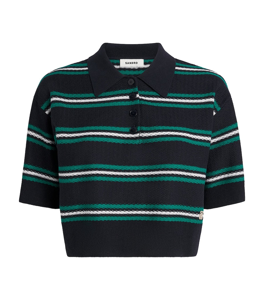 Sandro Paris Blue Striped Cropped Polo Sweater