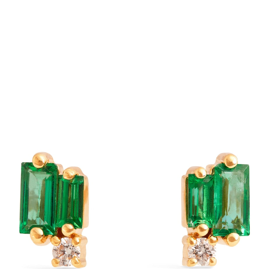 Yellow Gold, Diamond and Emerald Bold Burst Earrings