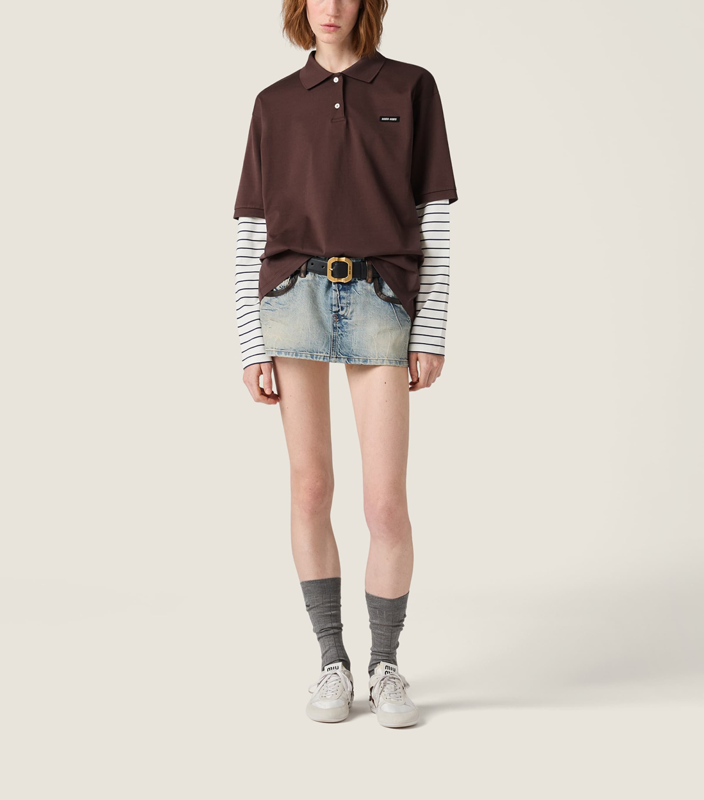 Miu Miu Brown Cotton Stripe-Sleeve Polo Shirt
