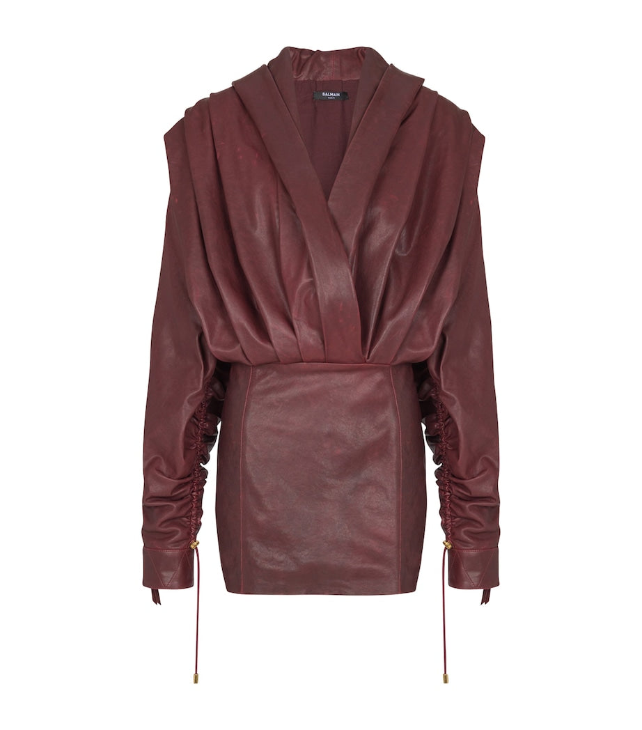 Balmain Brown Leather Hooded Mini Dress