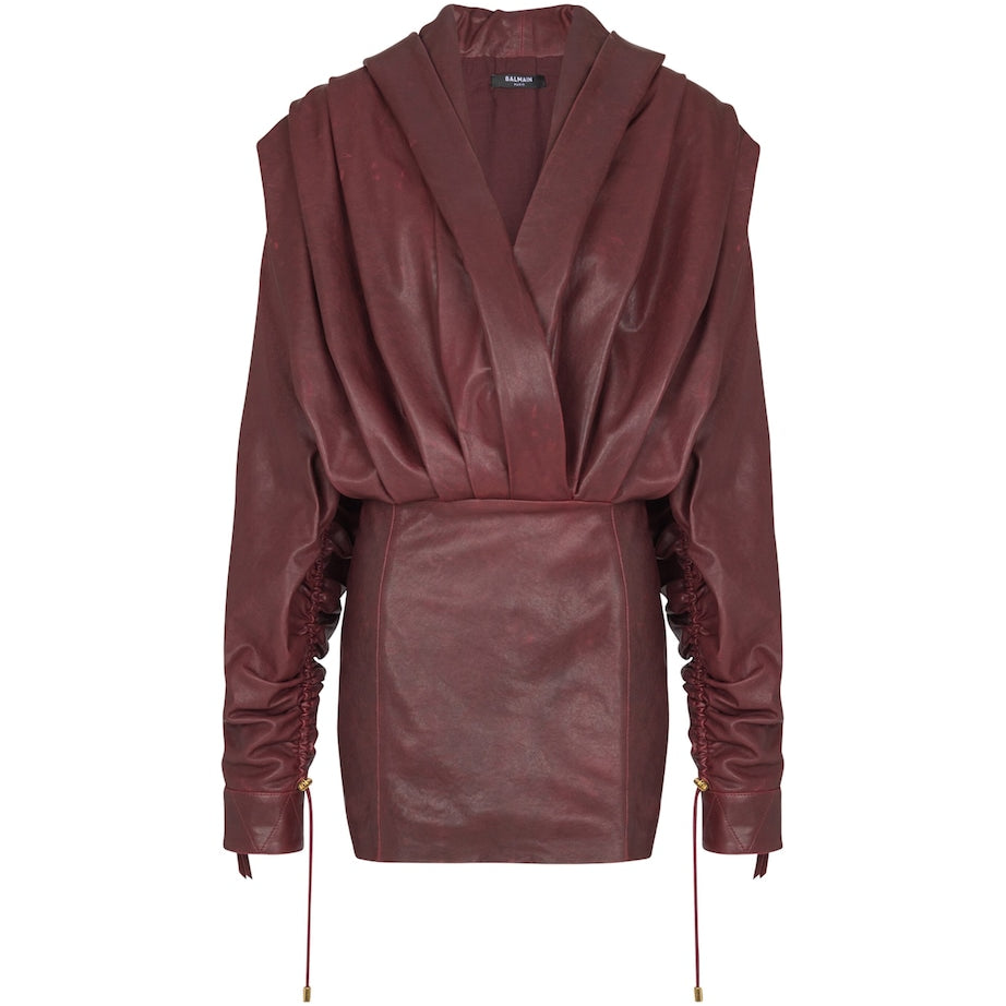 Balmain Brown Leather Hooded Mini Dress