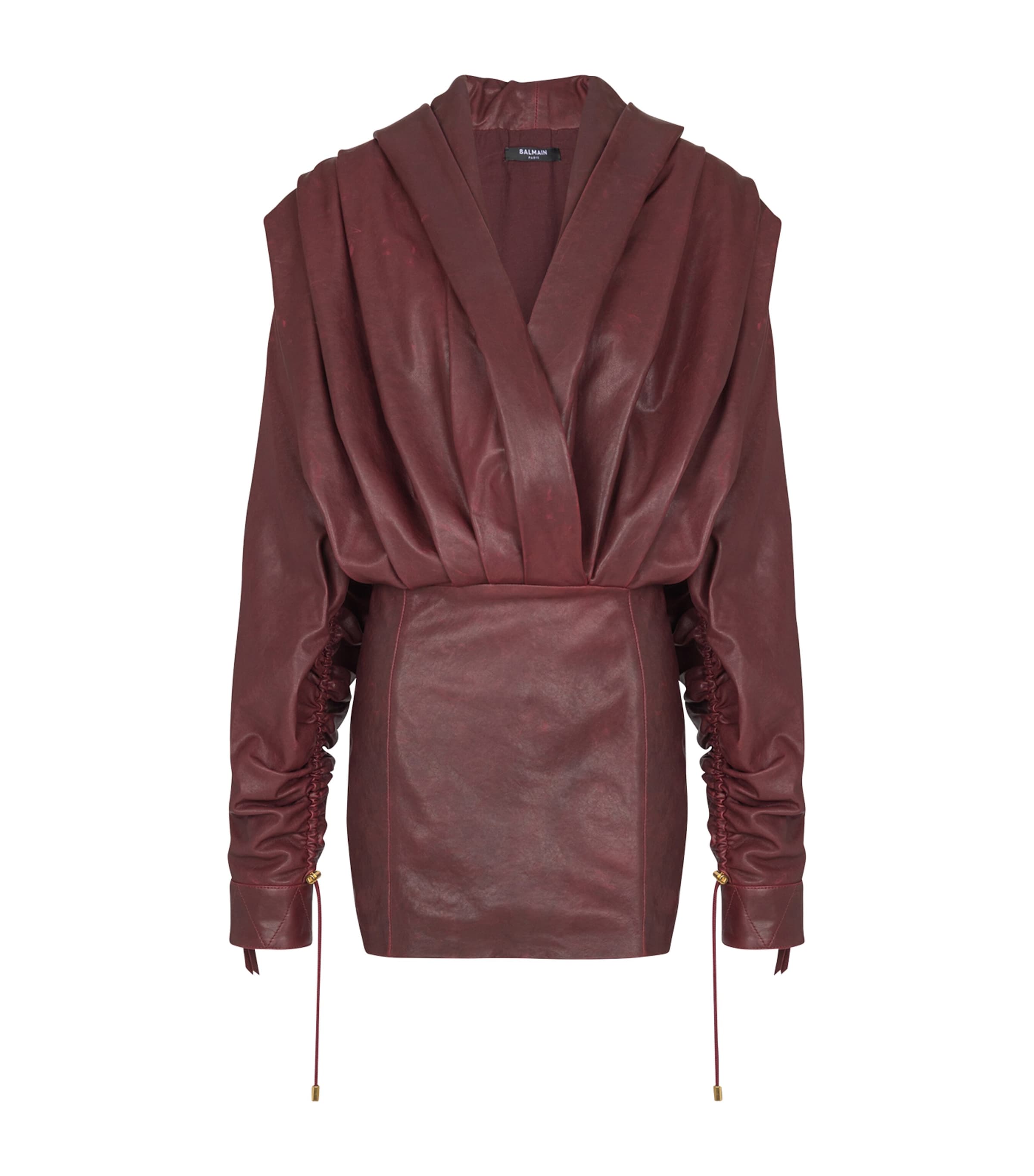 Balmain Brown Leather Hooded Mini Dress