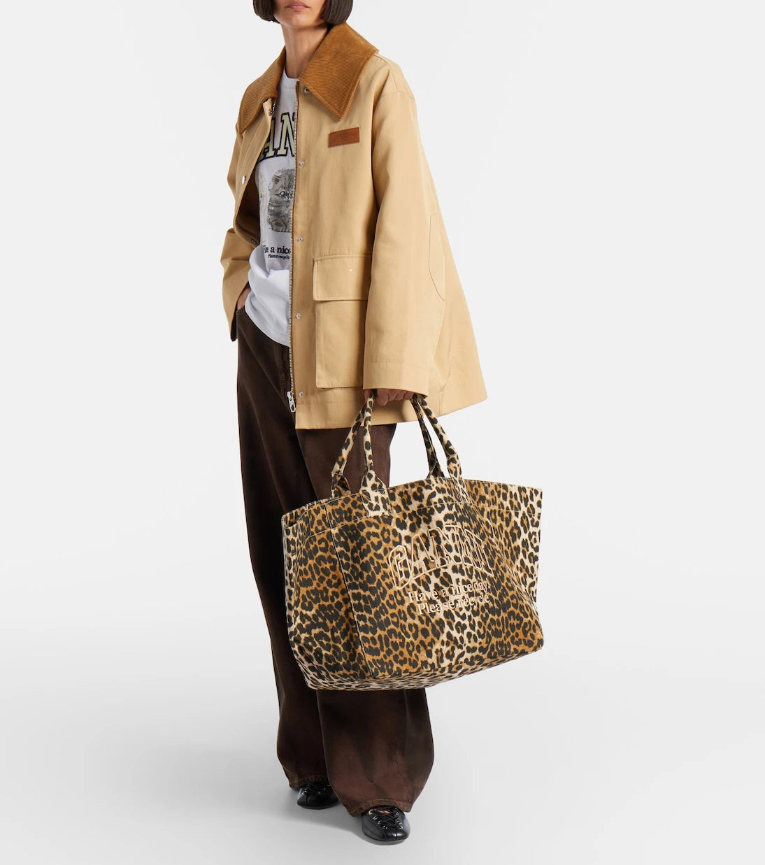 Ganni - Large leopard-print canvas tote bag