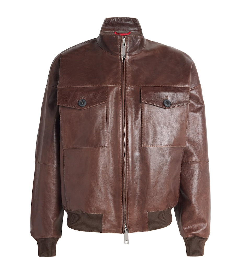 Brown Leather Bomber Jacket