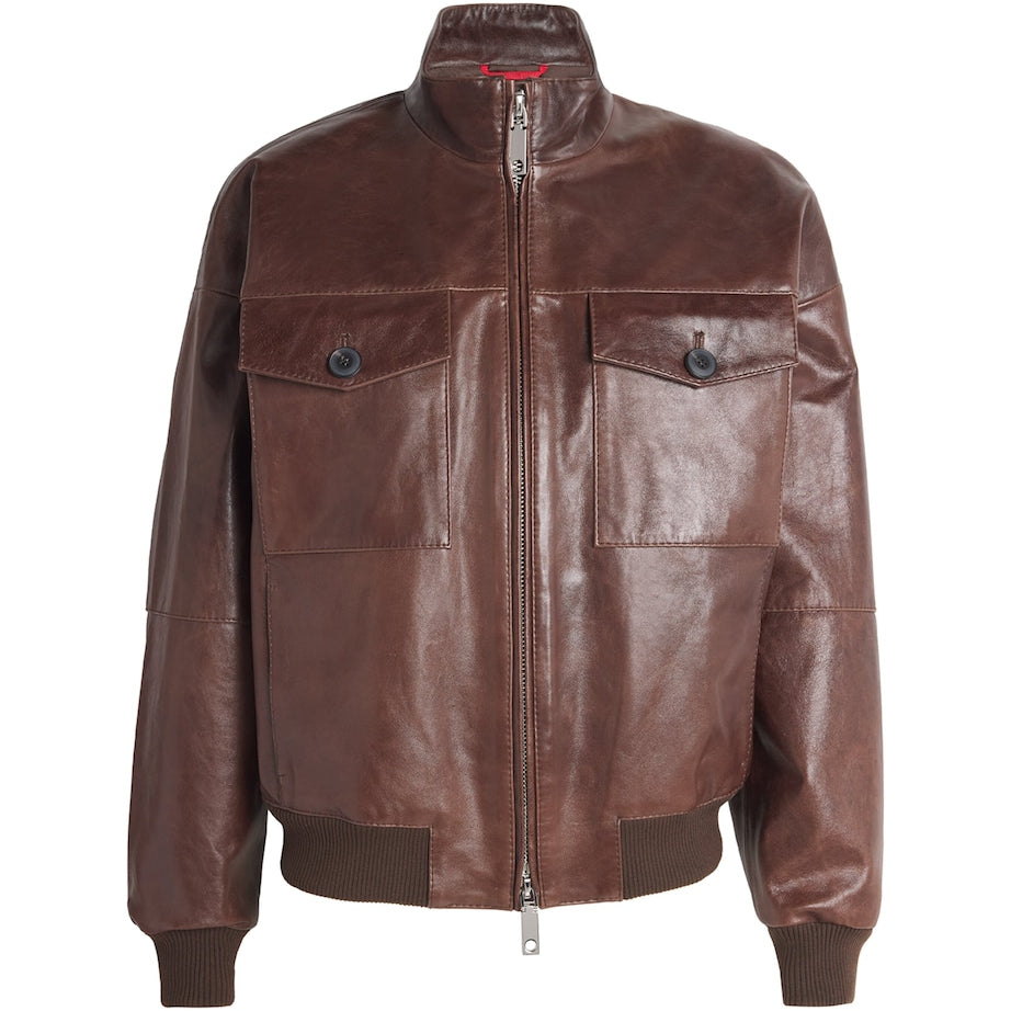 Brown Leather Bomber Jacket