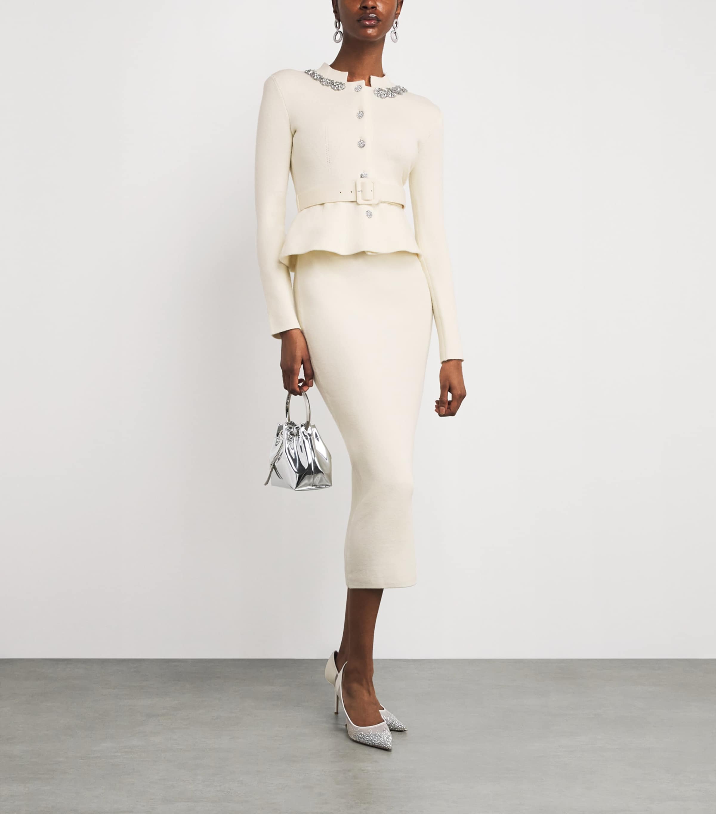 Self-Portrait Ivory Knitted Embellished Midi Dress