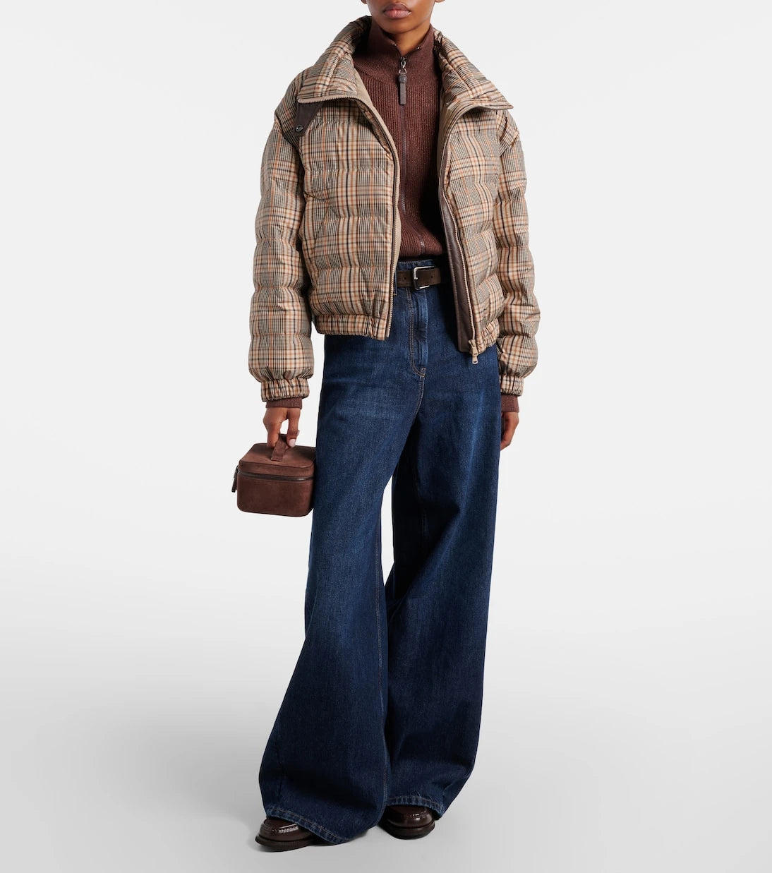 Brunello Cucinelli - Checked leather-trimmed down jacket