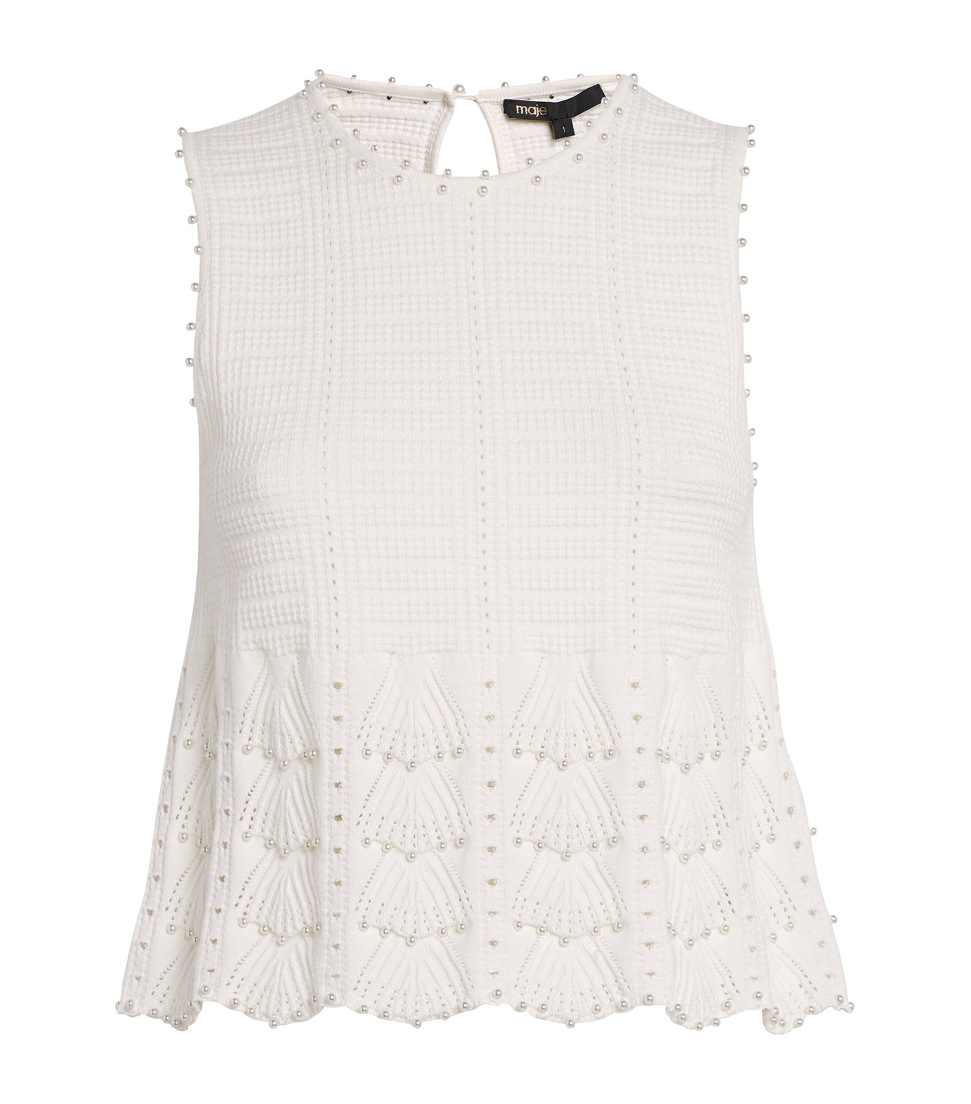 White Pointelle Beaded Sleeveless Top