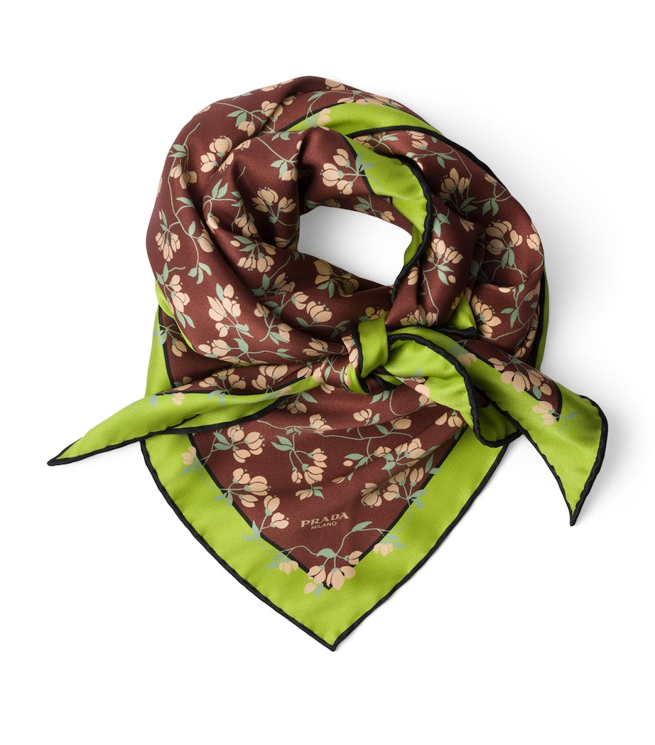 Brown Silk Twill Floral Print Scarf