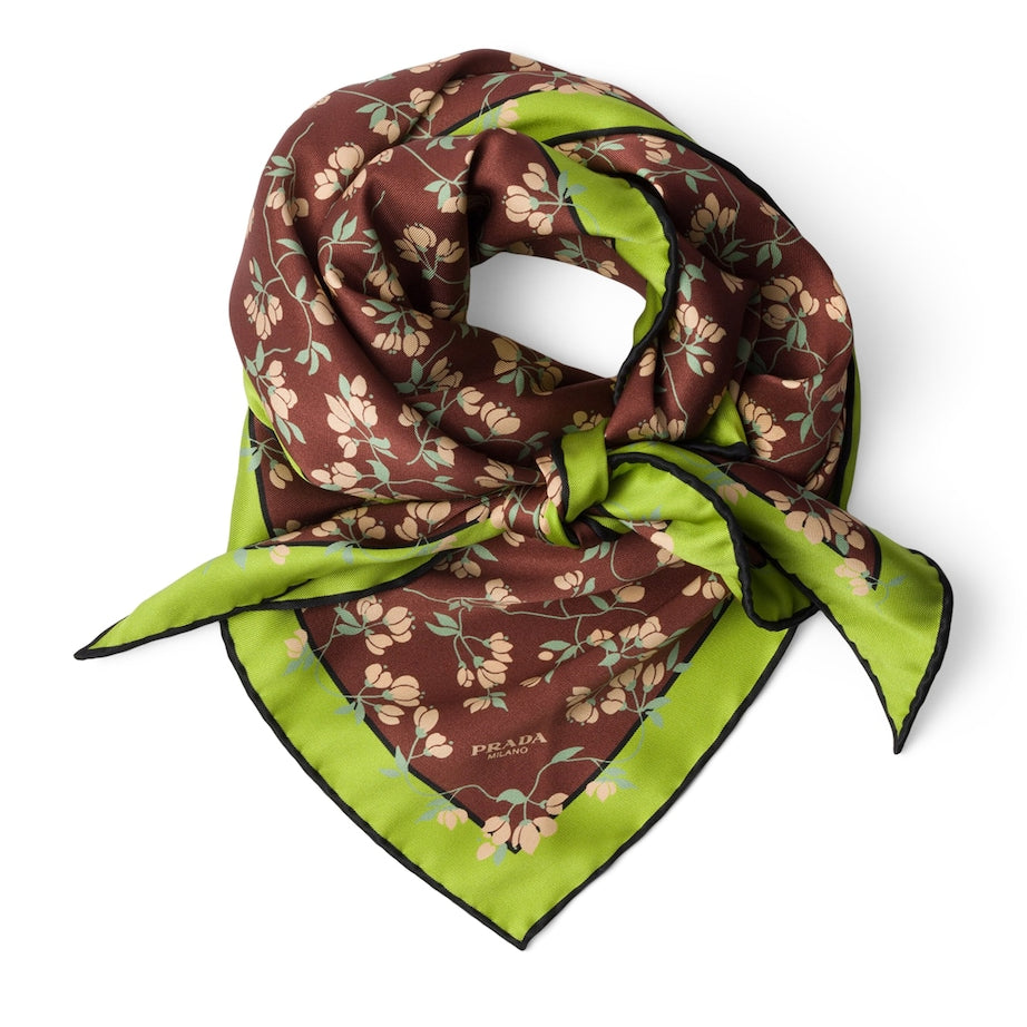 Brown Silk Twill Floral Print Scarf