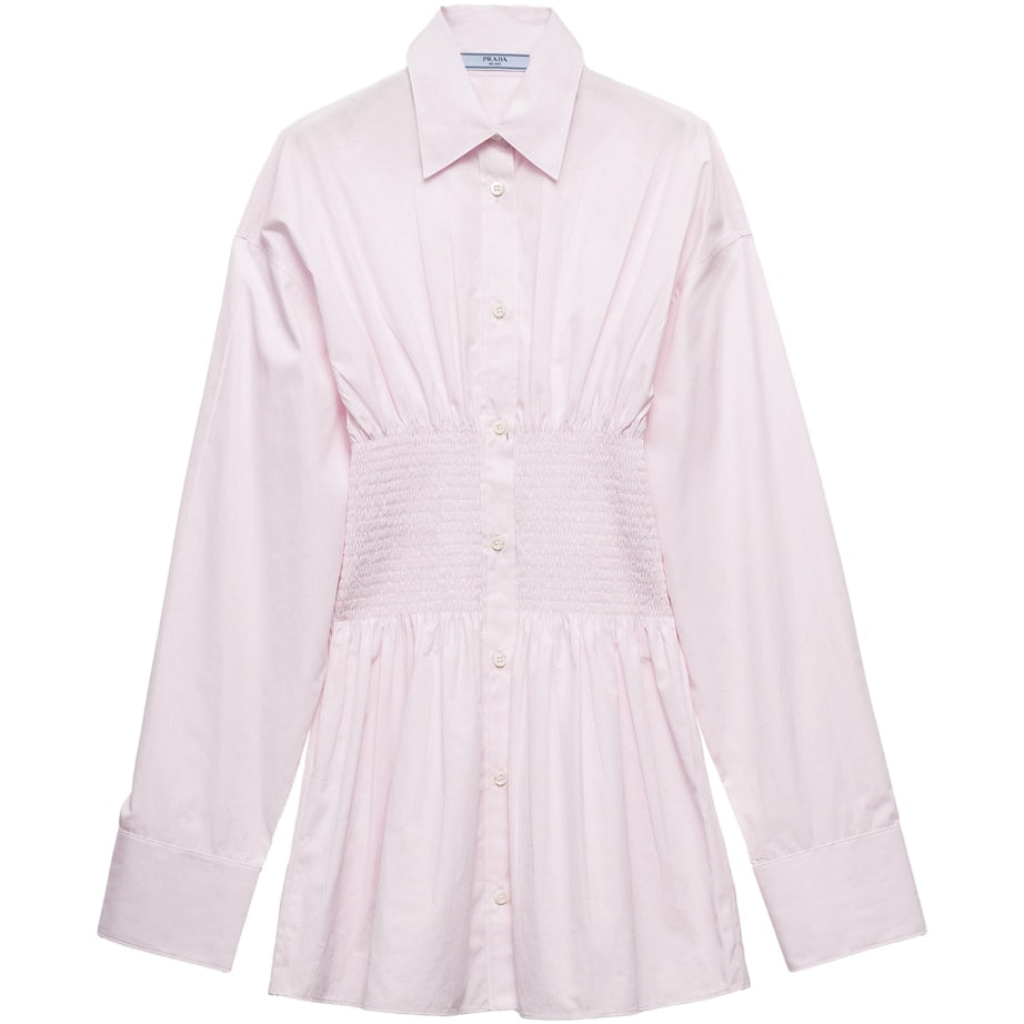 Pink Poplin Smocked-Waist Shirt Dress