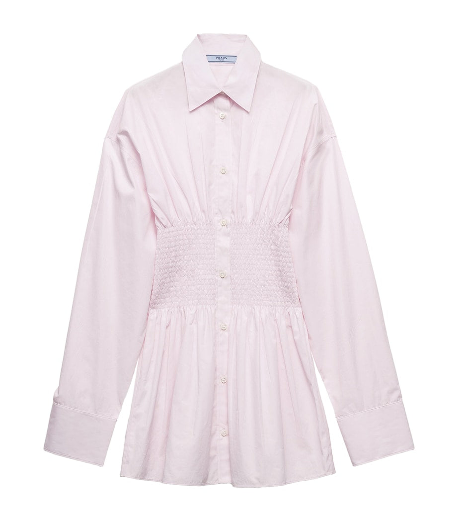 Pink Poplin Smocked-Waist Shirt Dress