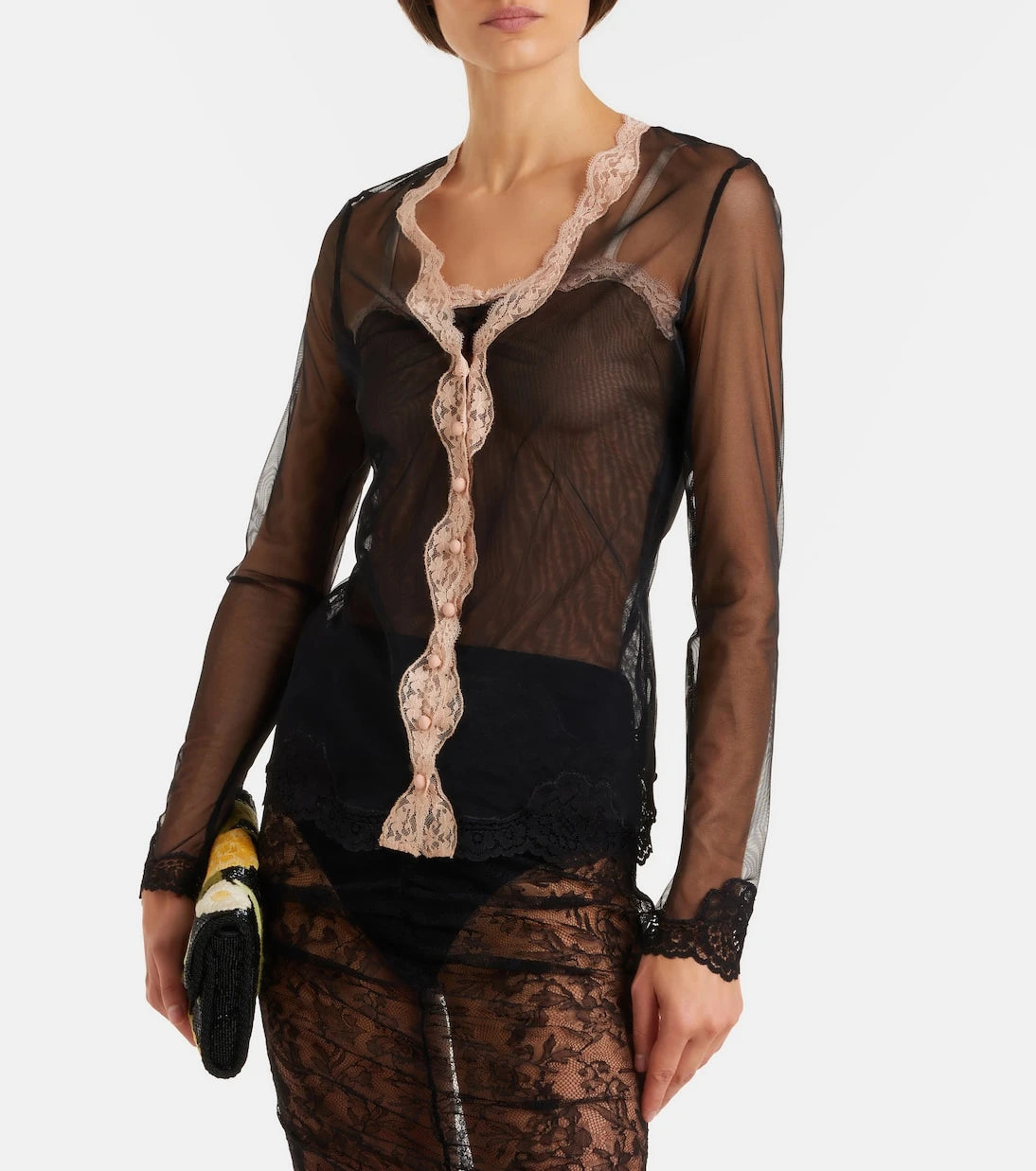 Valentino - Lace-trimmed sheer mesh cardigan