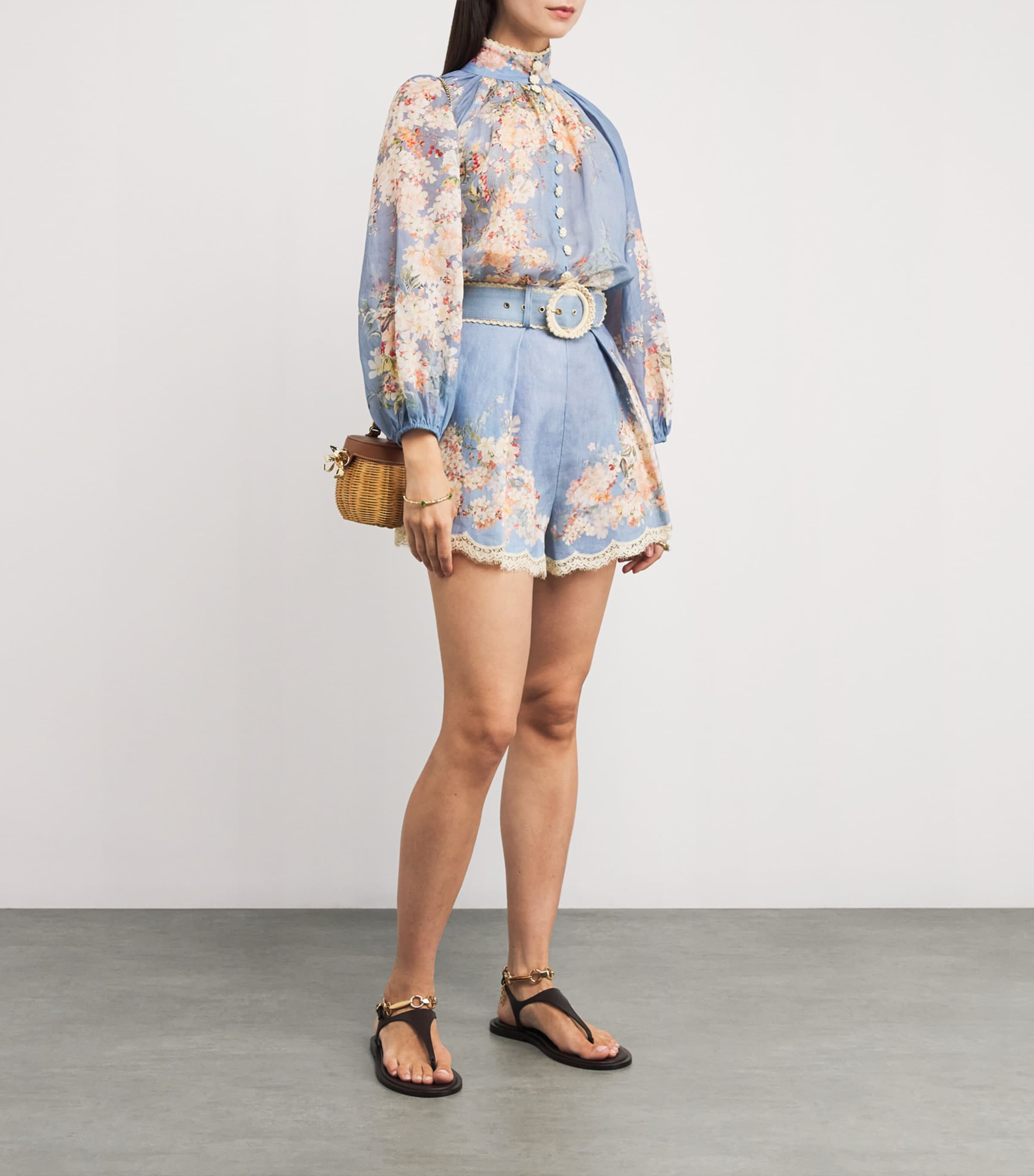 Zimmermann Blue Linen Floral Cascadian Tuck Shorts