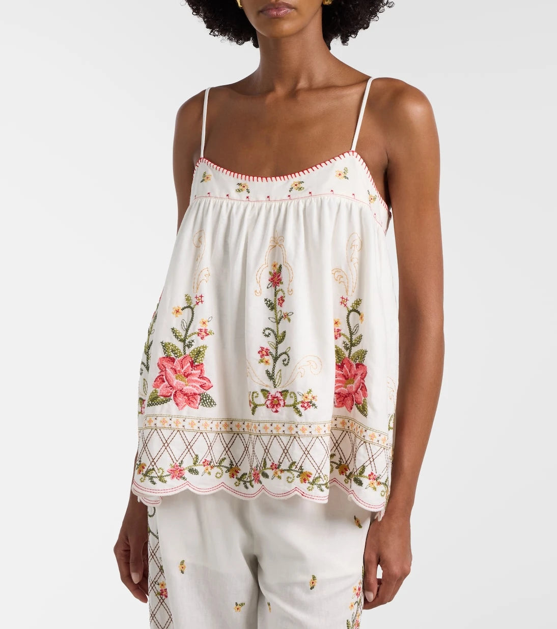 Farm Rio - Embroidered linen-blend top