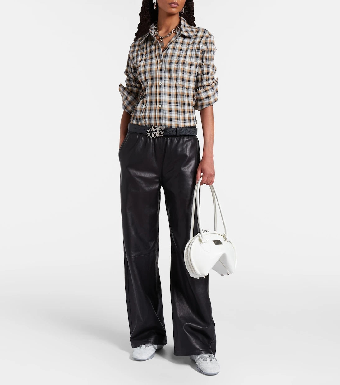 Acne Studios - بنطال جلدي واسع الساقين