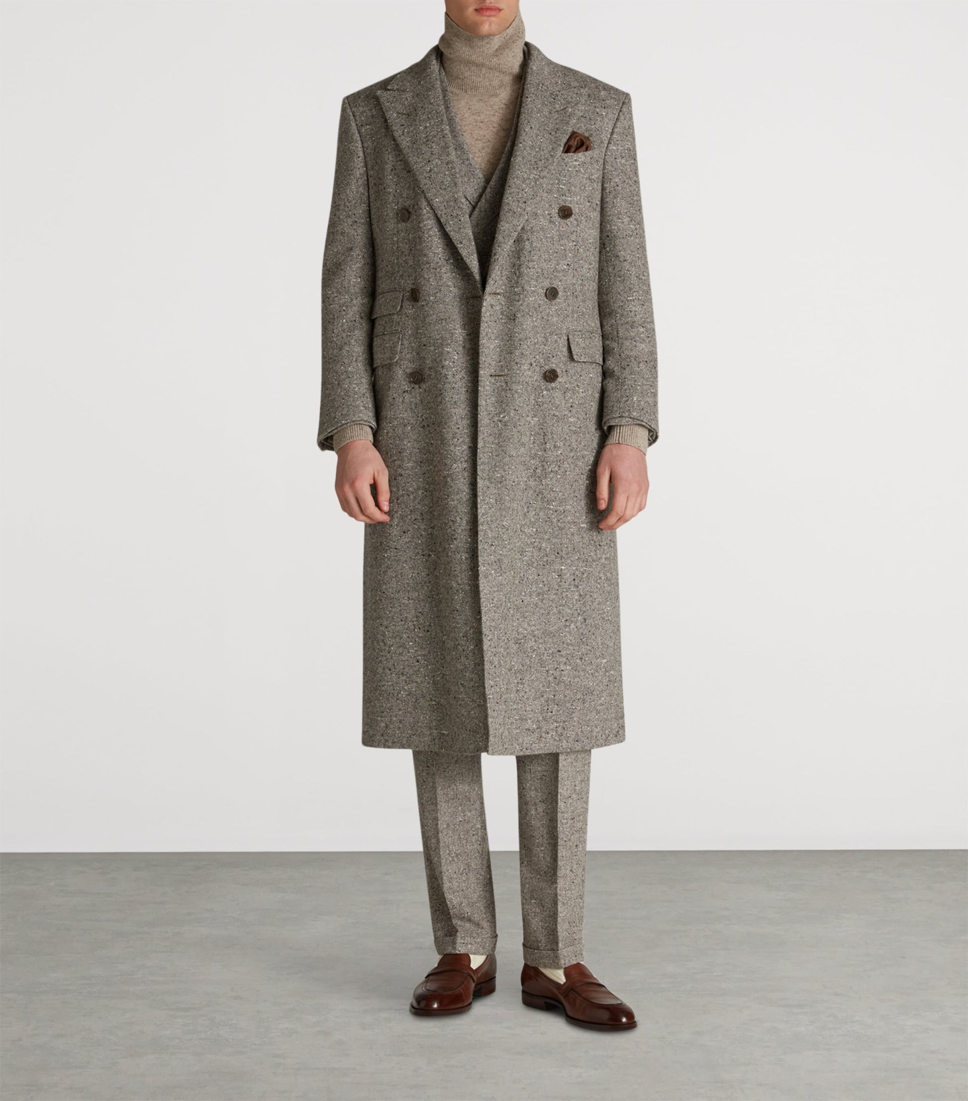 Grey Cashmere Donegal Tweed Double-Breasted Overcoat