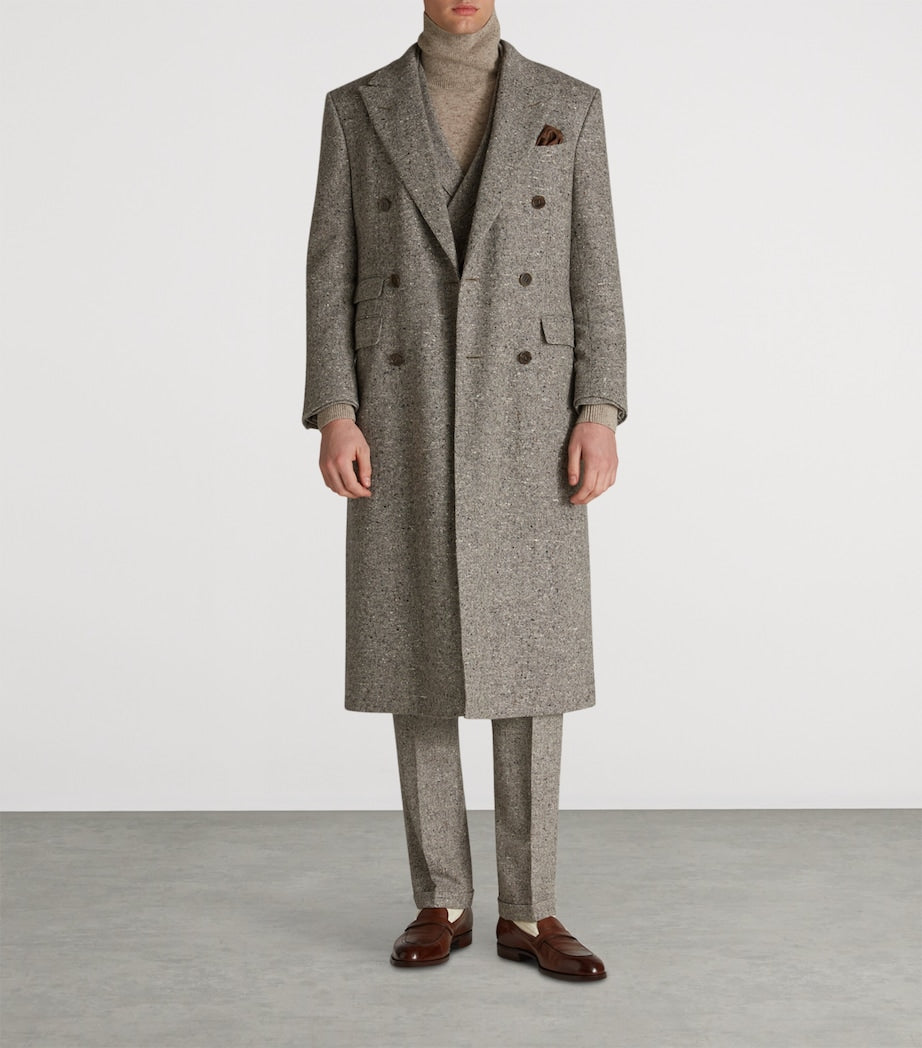 Grey Cashmere Donegal Tweed Double-Breasted Overcoat