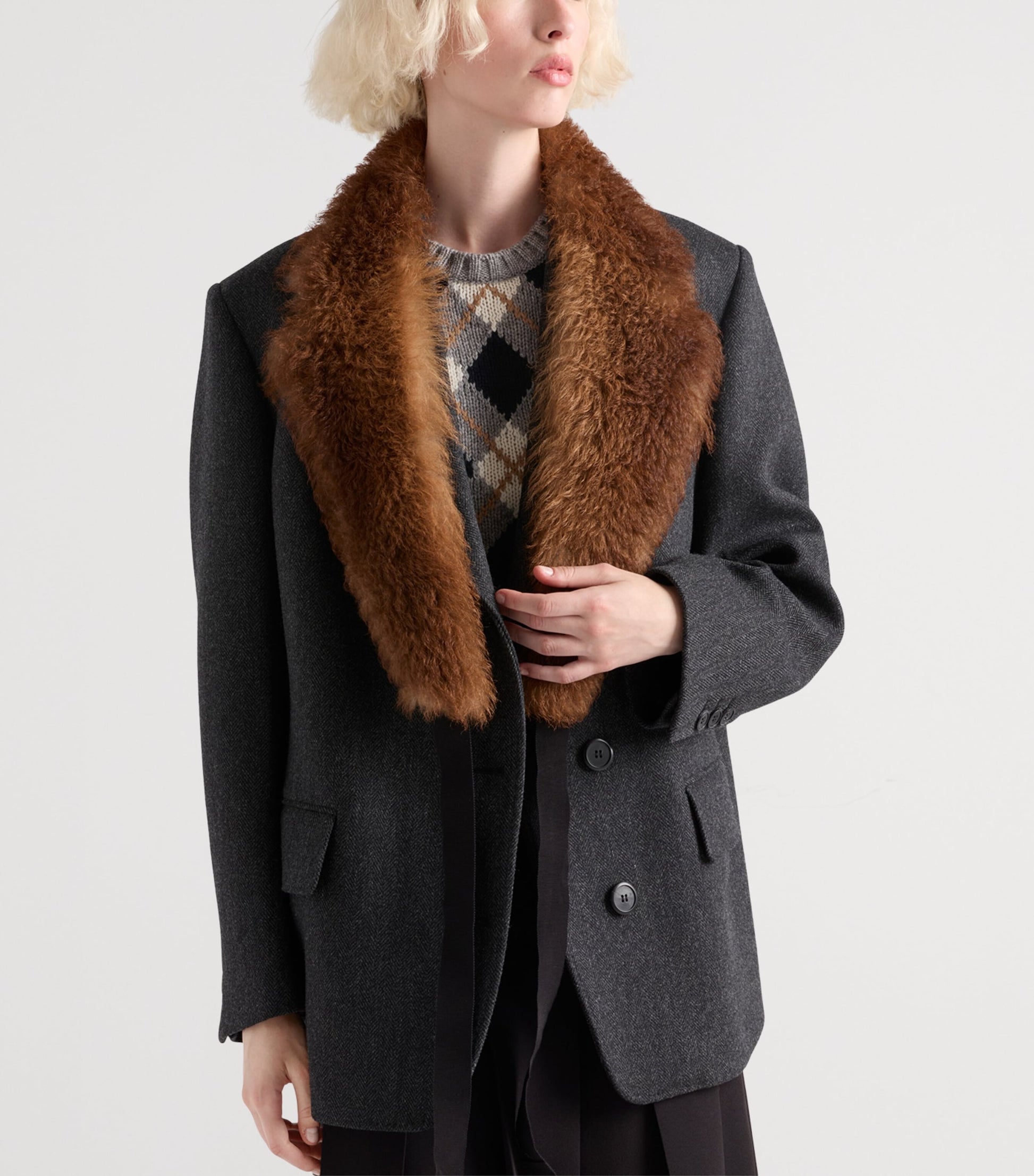 Grey Cashmere Argyle Short-Sleeve Sweater