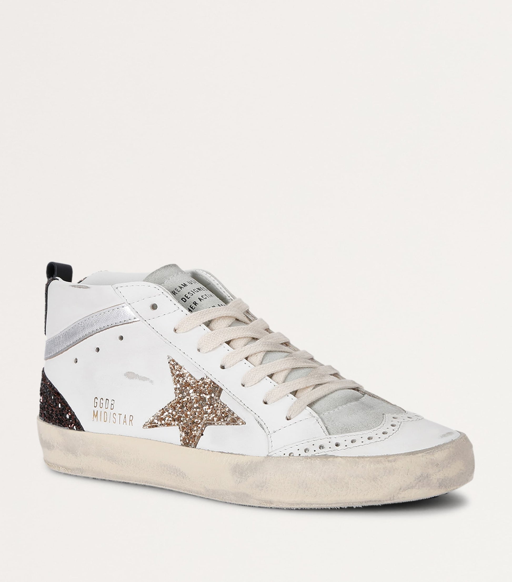 White Leather-Glitter Mid Star Sneakers
