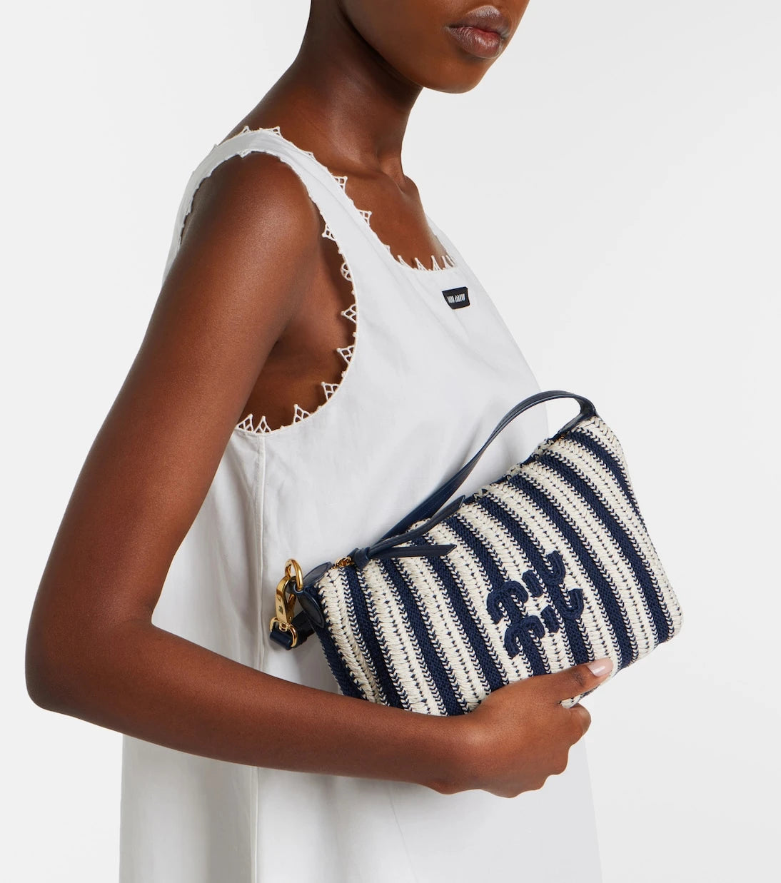 Miu Miu - Striped leather-trimmed crochet shoulder bag