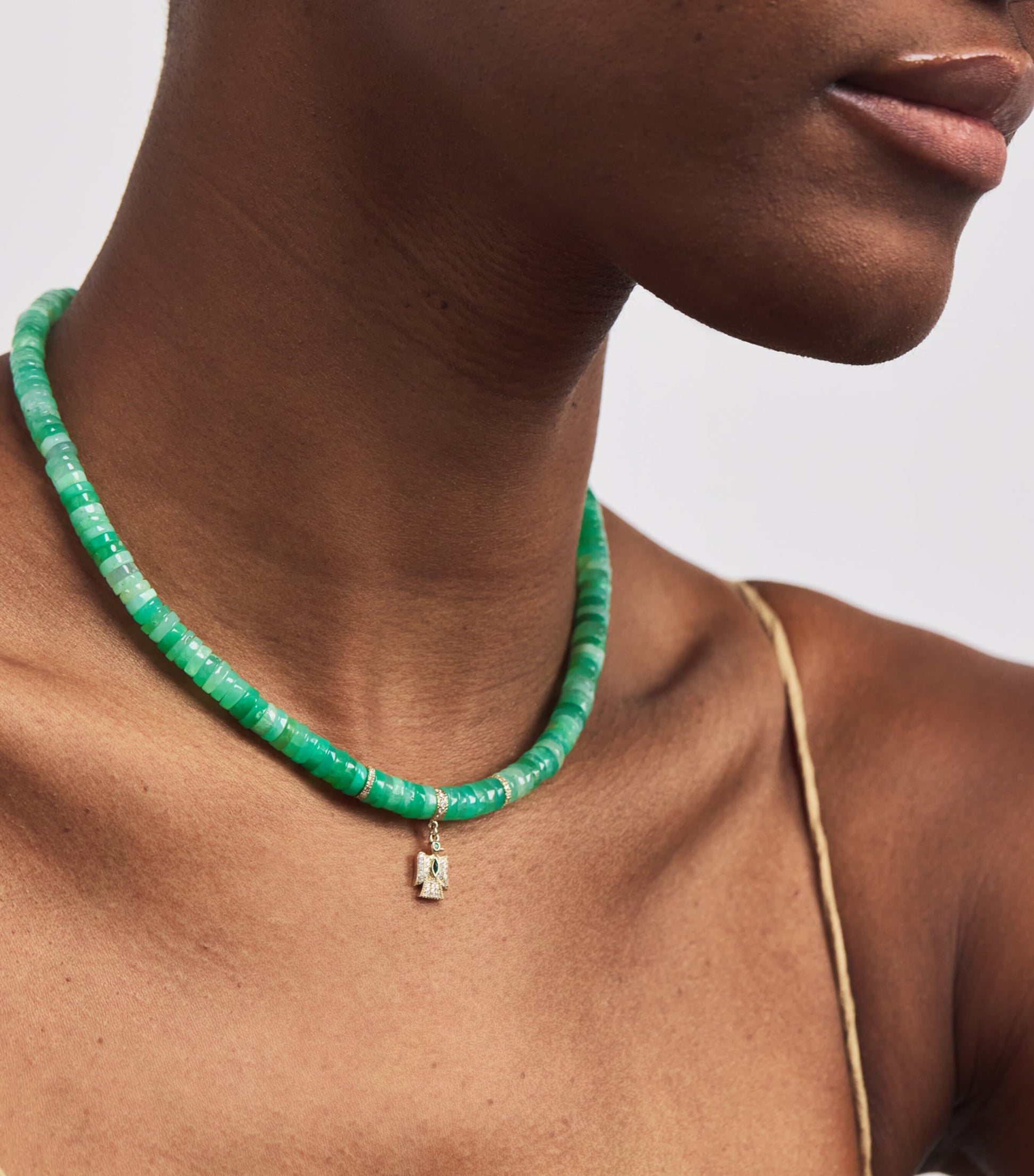 Yellow Gold and Emerald Thunderbird Beaded Necklace