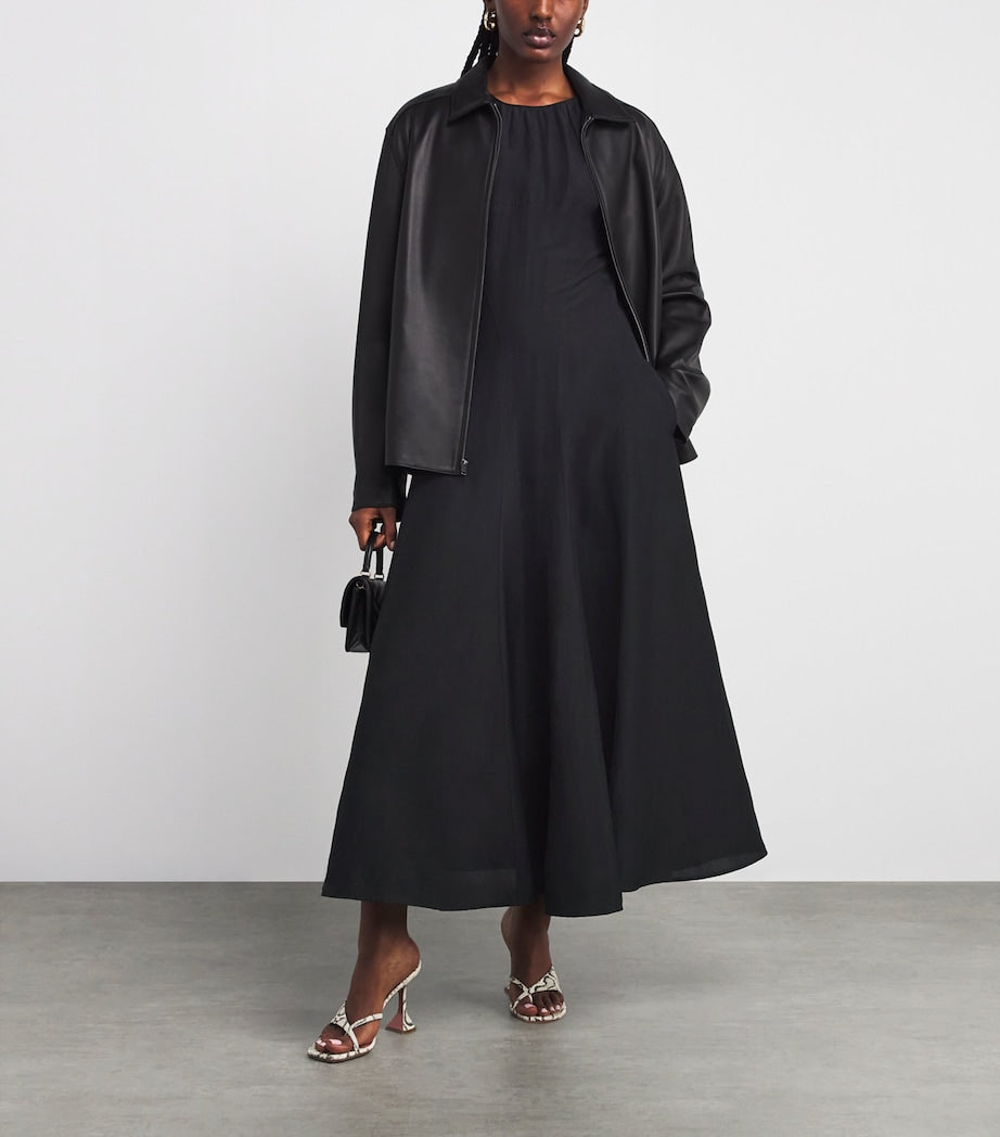 Black Balloon-Sleeve Midi Dress