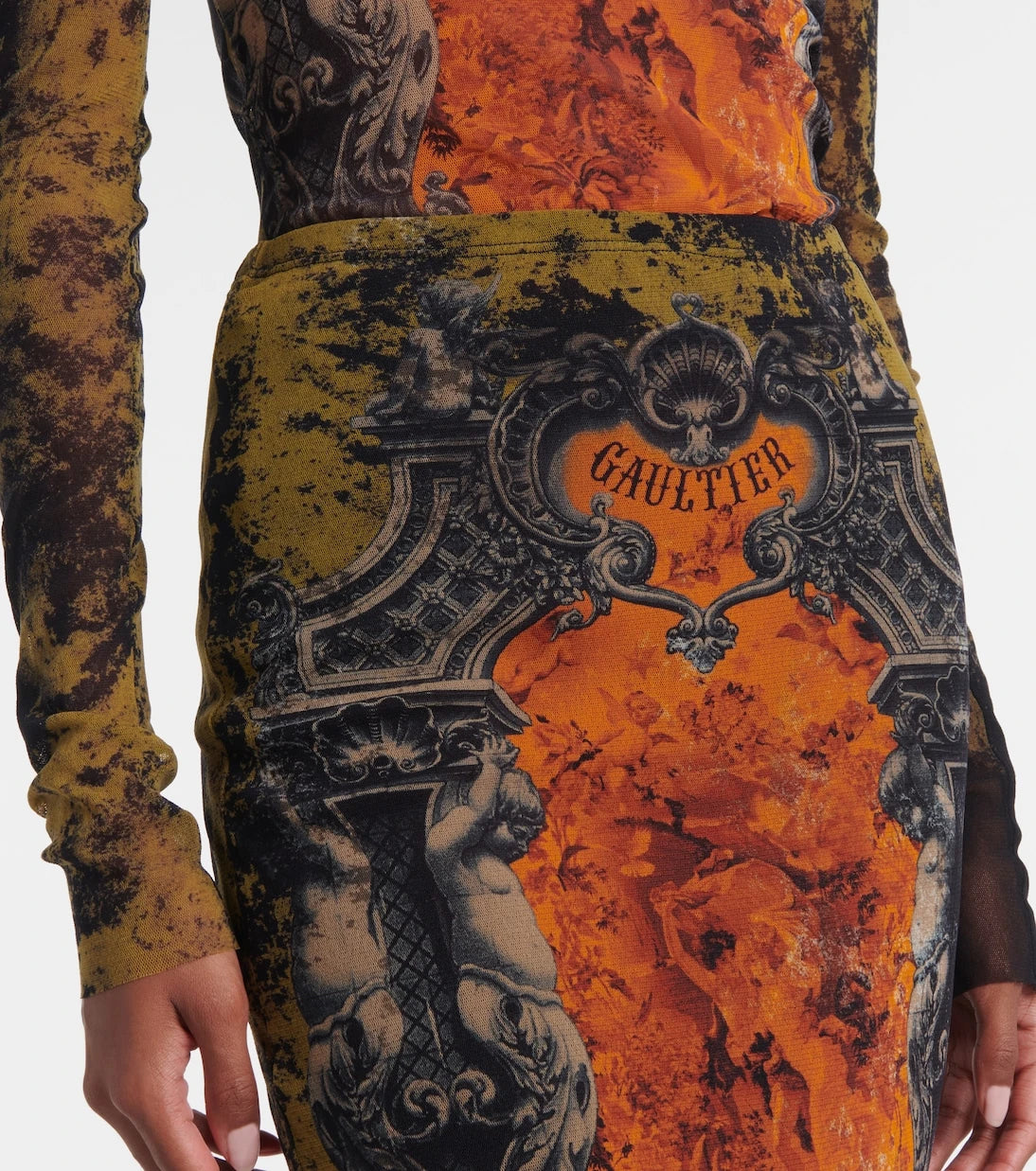 Jean Paul Gaultier - Médaillon printed mesh midi skirt