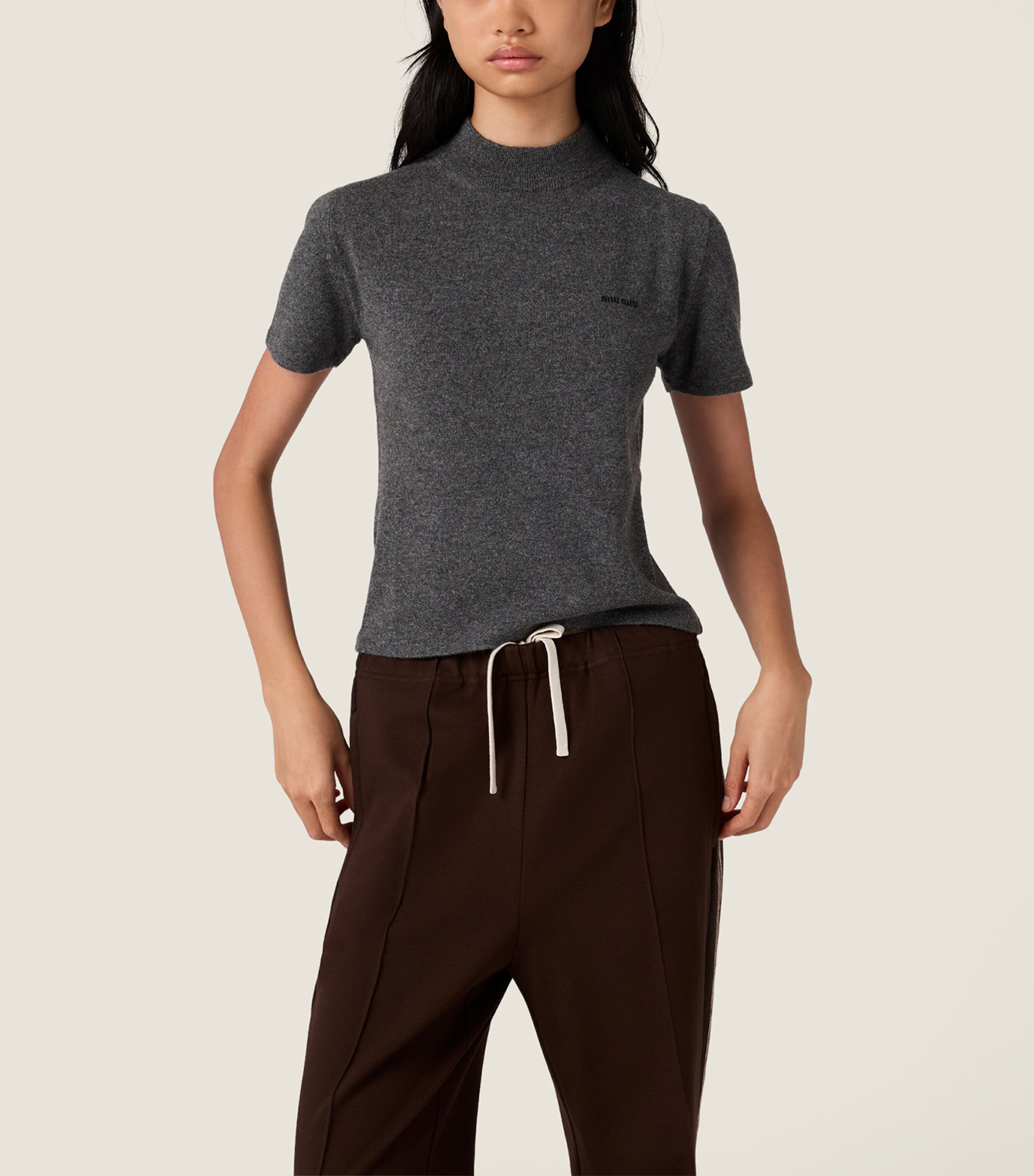 Miu Miu Grey Cashmere Short-Sleeve Sweater