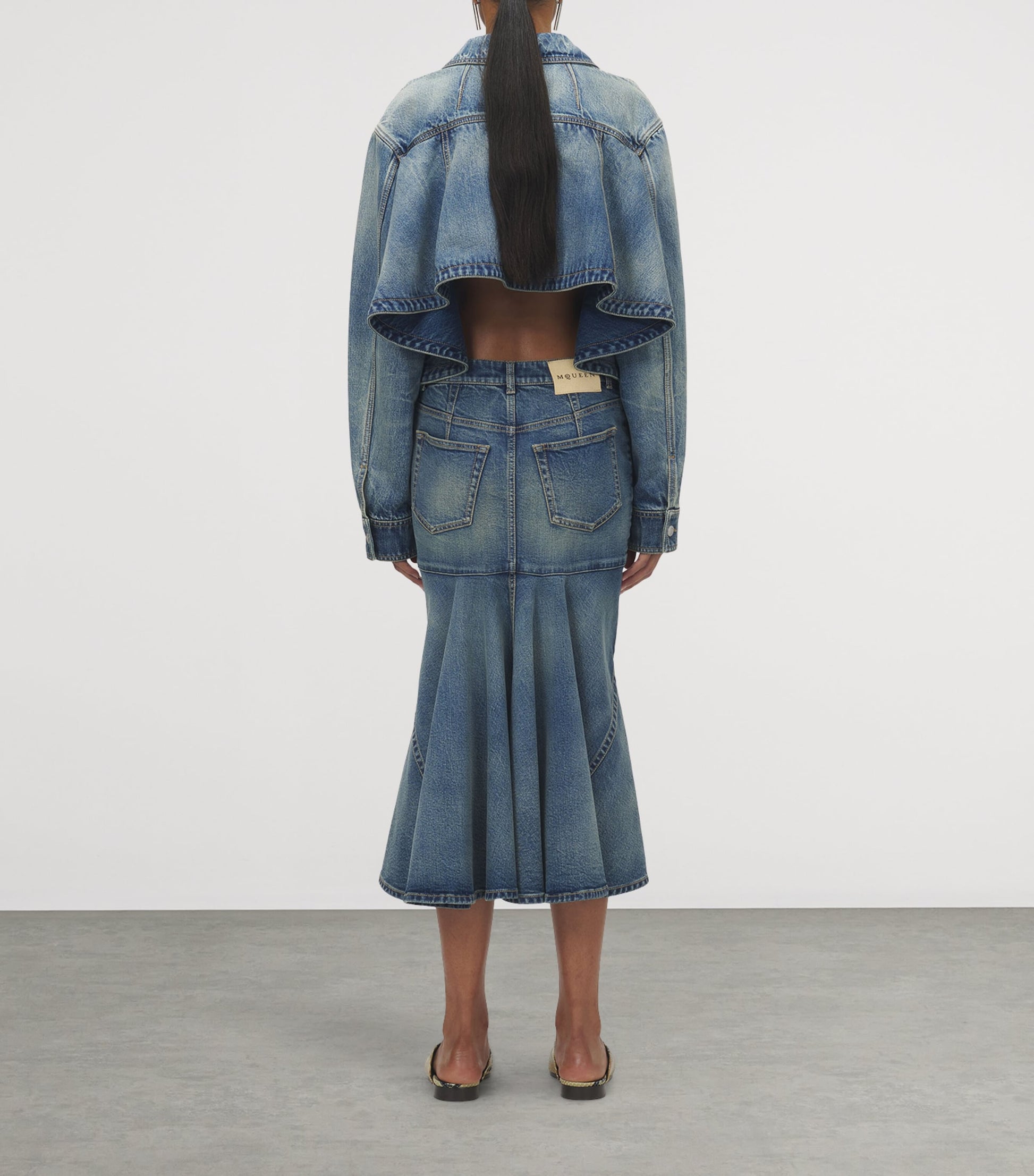 McQueen Blue Denim Kickback Midi Skirt