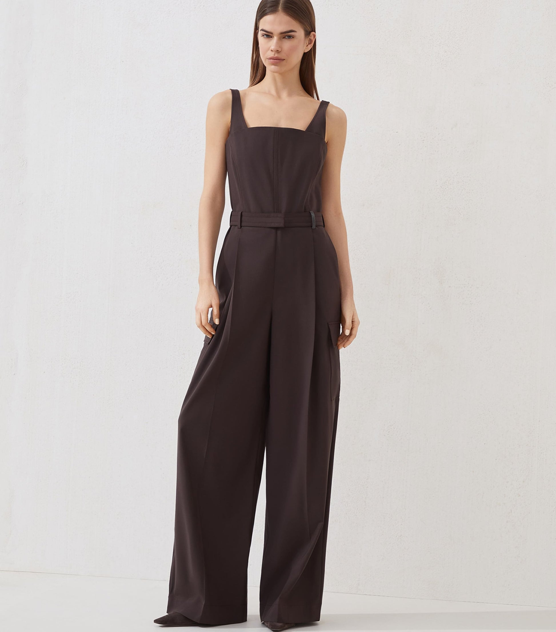 Brunello Cucinelli Brown Virgin Wool-Blend Belted Jumpsuit