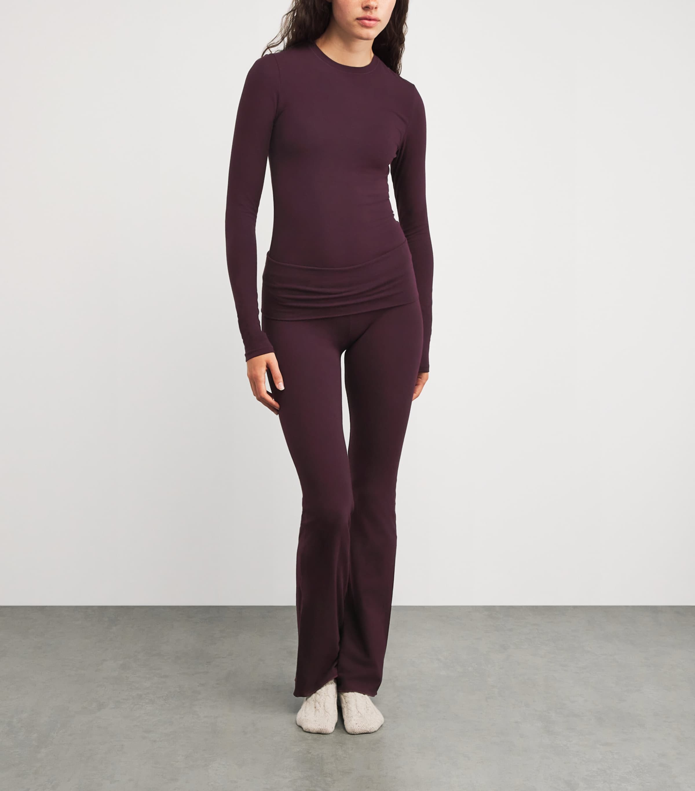 Skims Burgundy Cotton-Blend Jersey Foldover Trousers