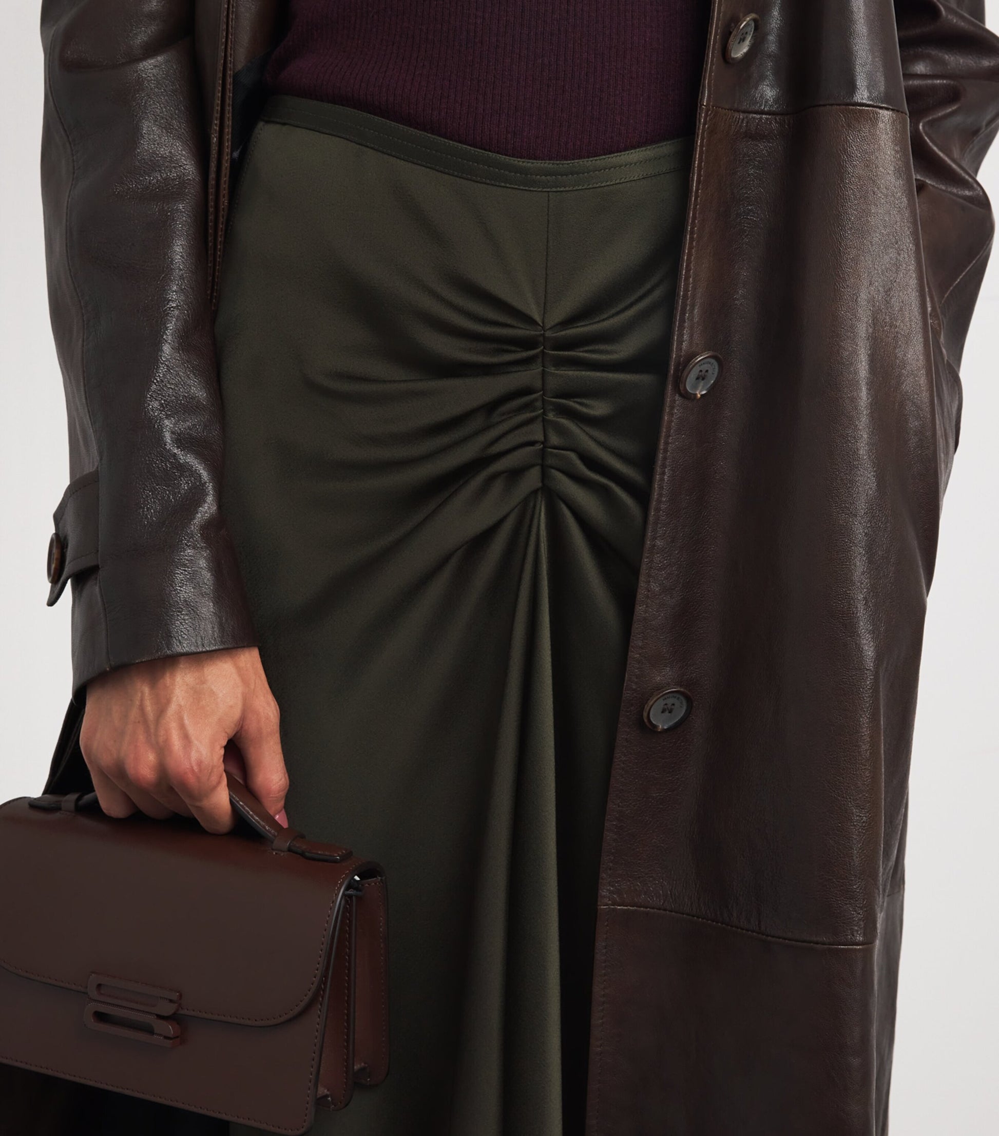 Satin Gathered Waist Midi Skirt