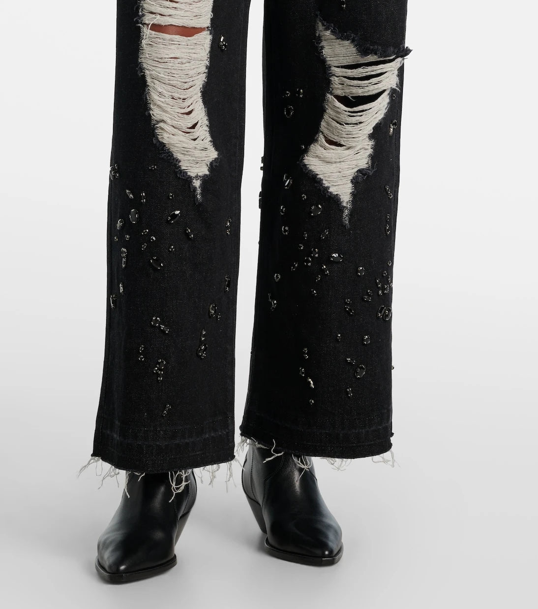Xu Zhi - Embellished distressed wide-leg jeans