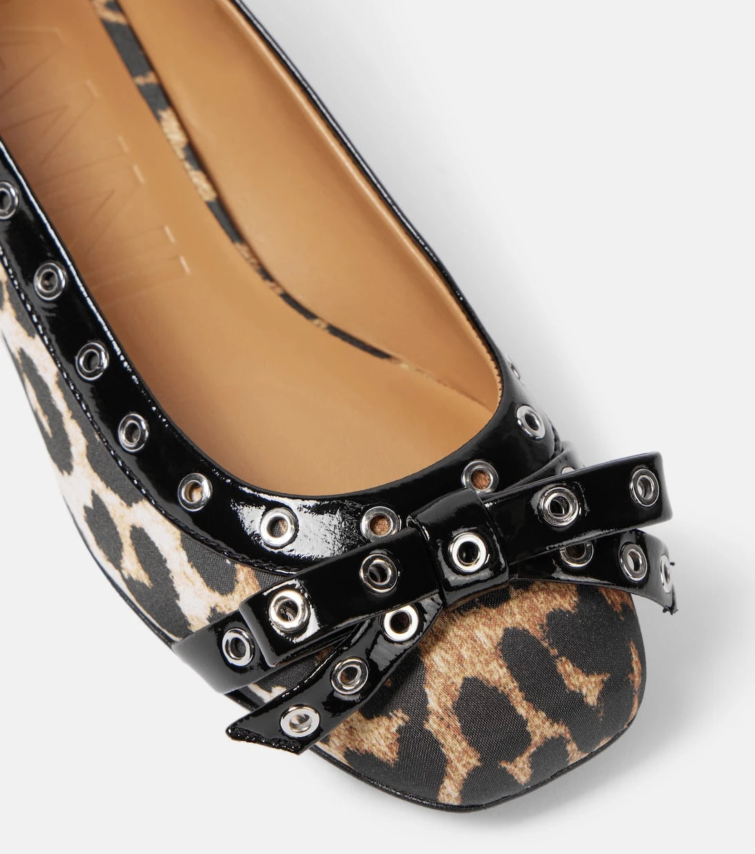 Ganni - Eyelet Bow leopard-print satin ballet flats