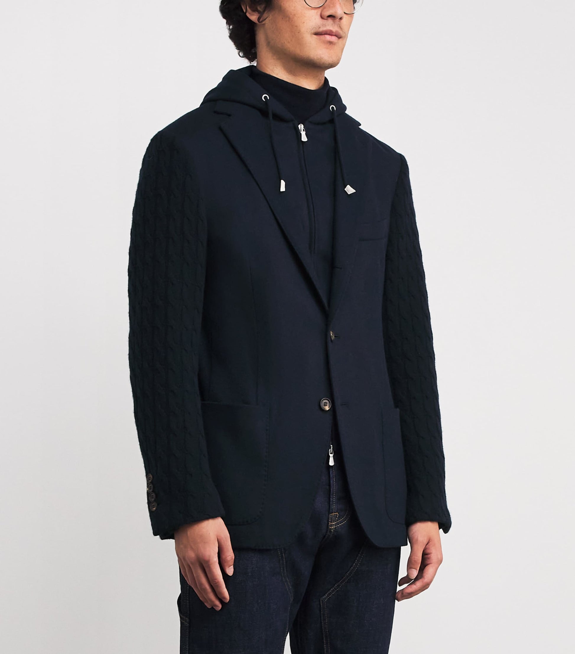 Eleventy Blue Knitted-Sleeve Layered Blazer