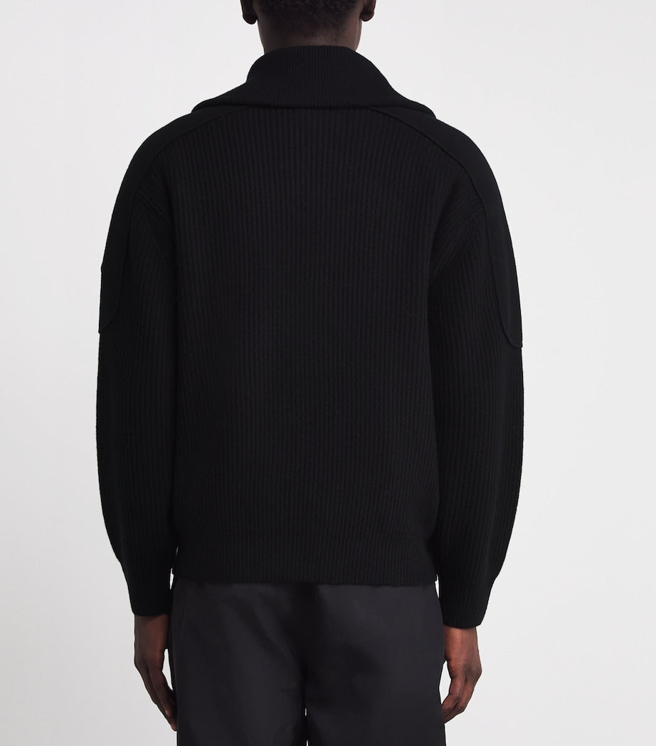 Moose Knuckles Black Wool Ribbed Zip-Up Cardigan