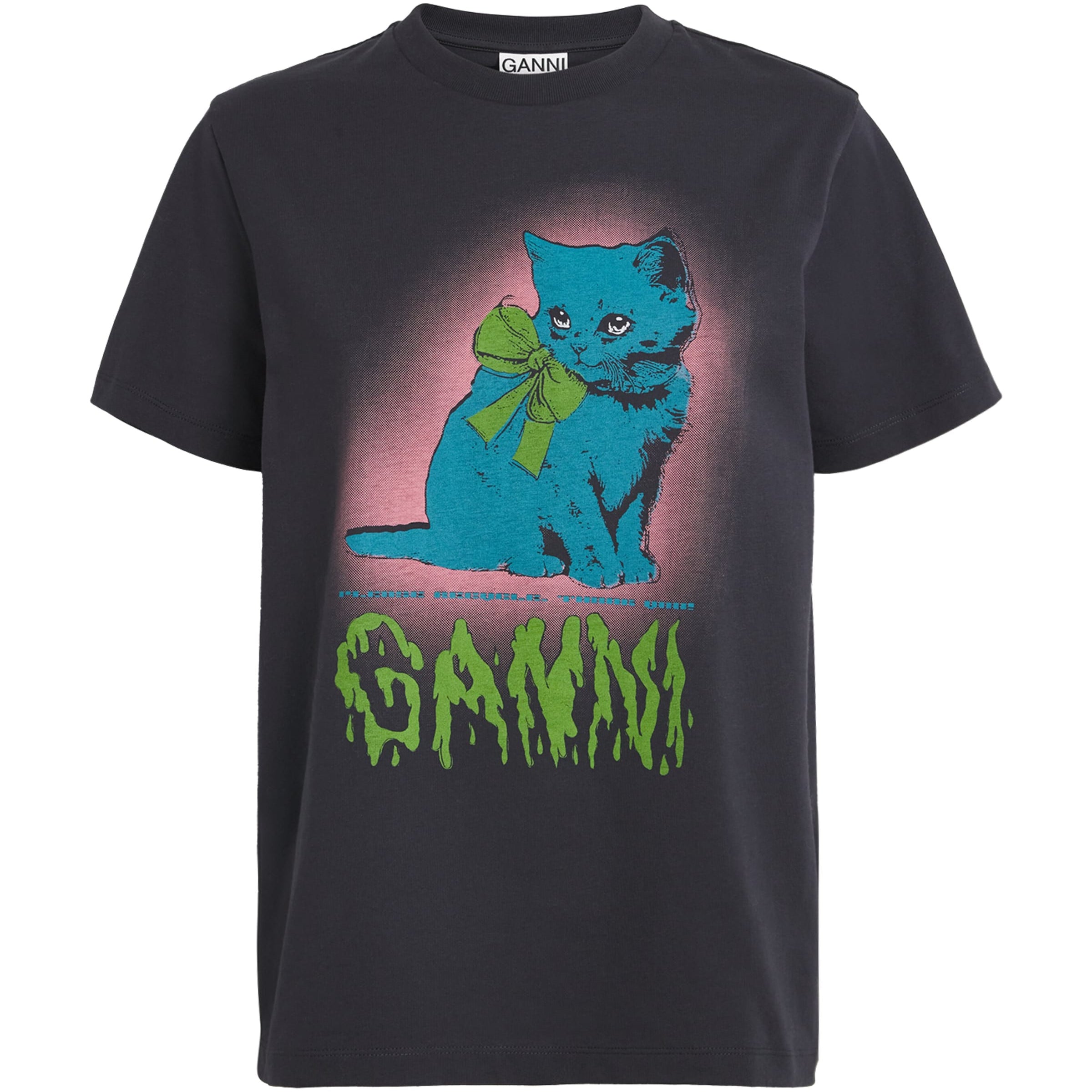 GANNI Black Organic Cotton Neon Kitty T-Shirt