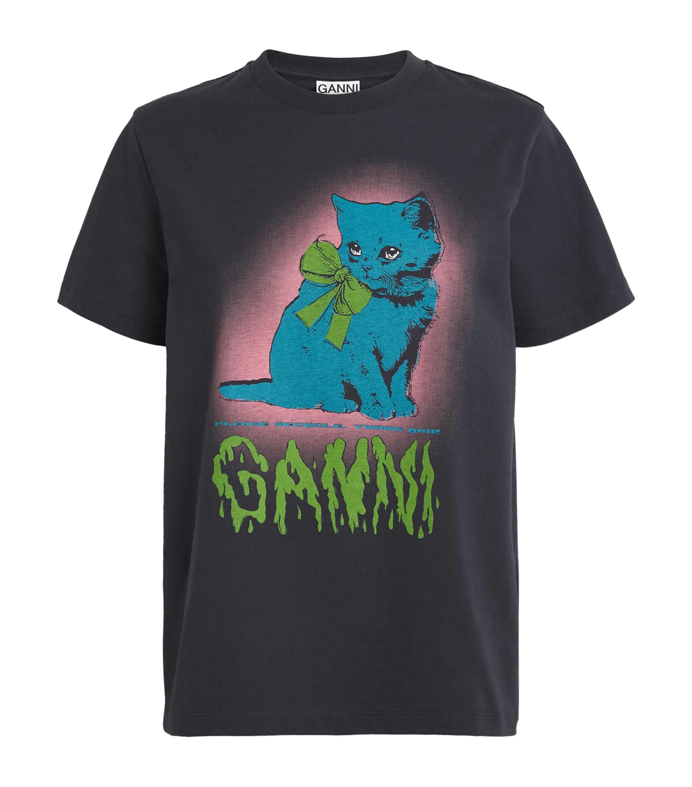 GANNI Black Organic Cotton Neon Kitty T-Shirt