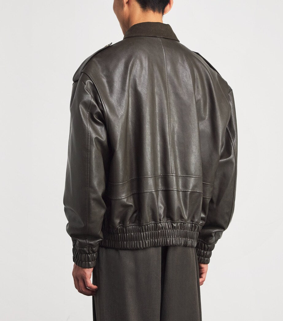System Brown Faux Leather Bomber Jacket