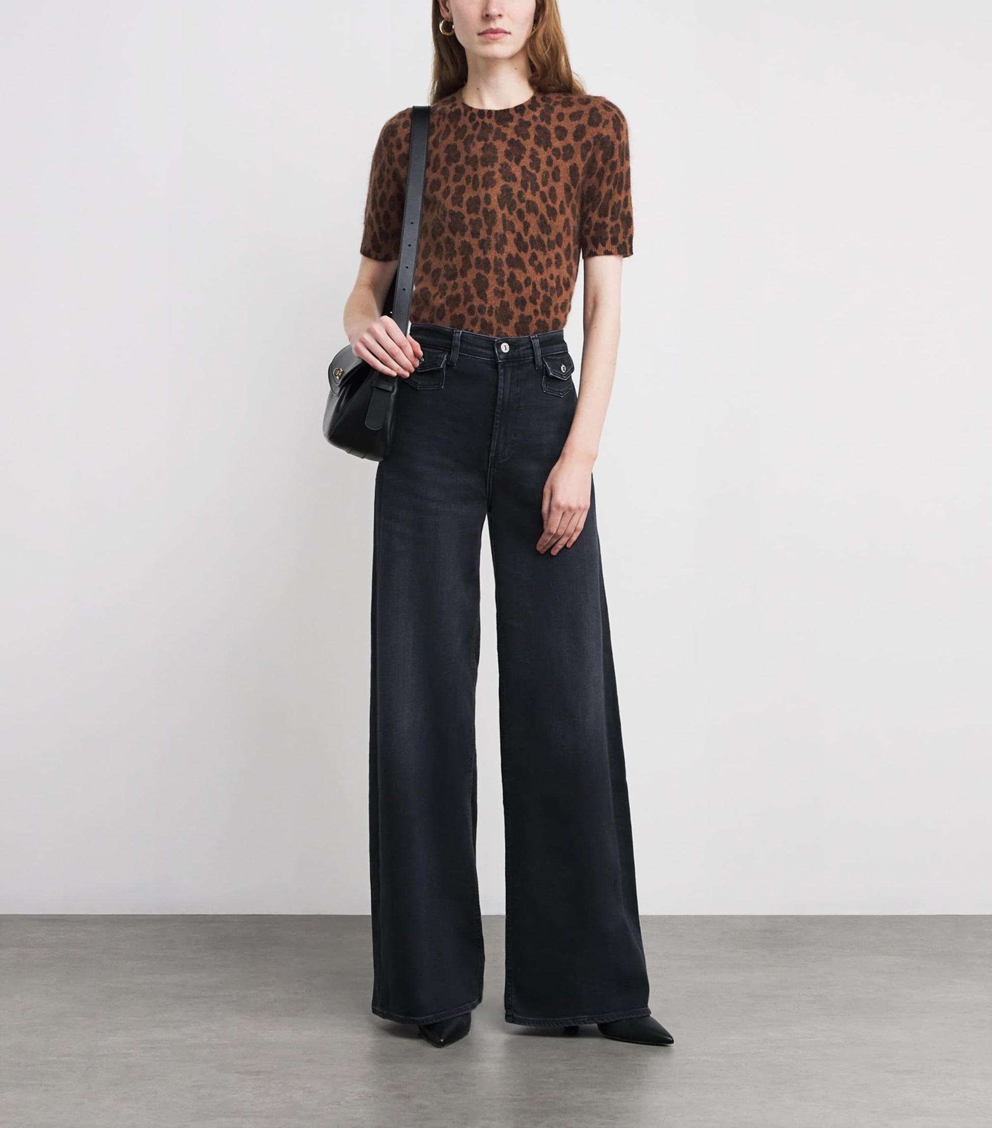 ME+EM Brown Merino Wool-Cashmere Leopard Print T-Shirt
