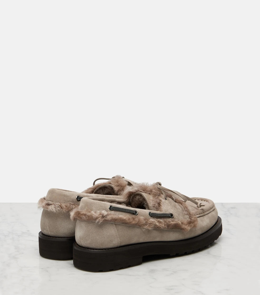 Brunello Cucinelli - Monili shearling-trimmed suede boat shoes
