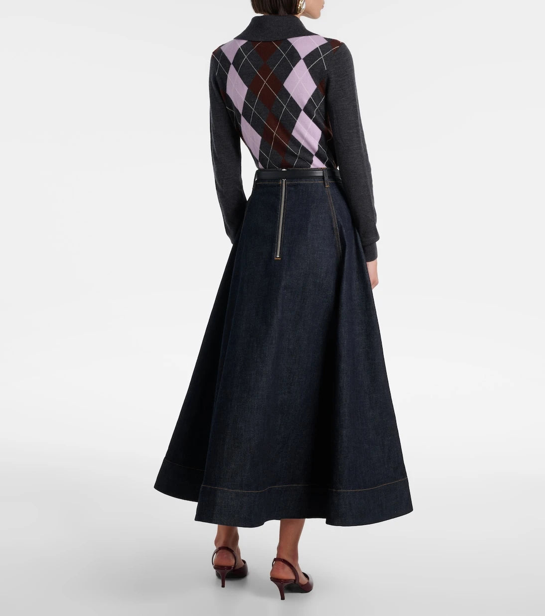 Self-Portrait - High-rise denim midi skirt