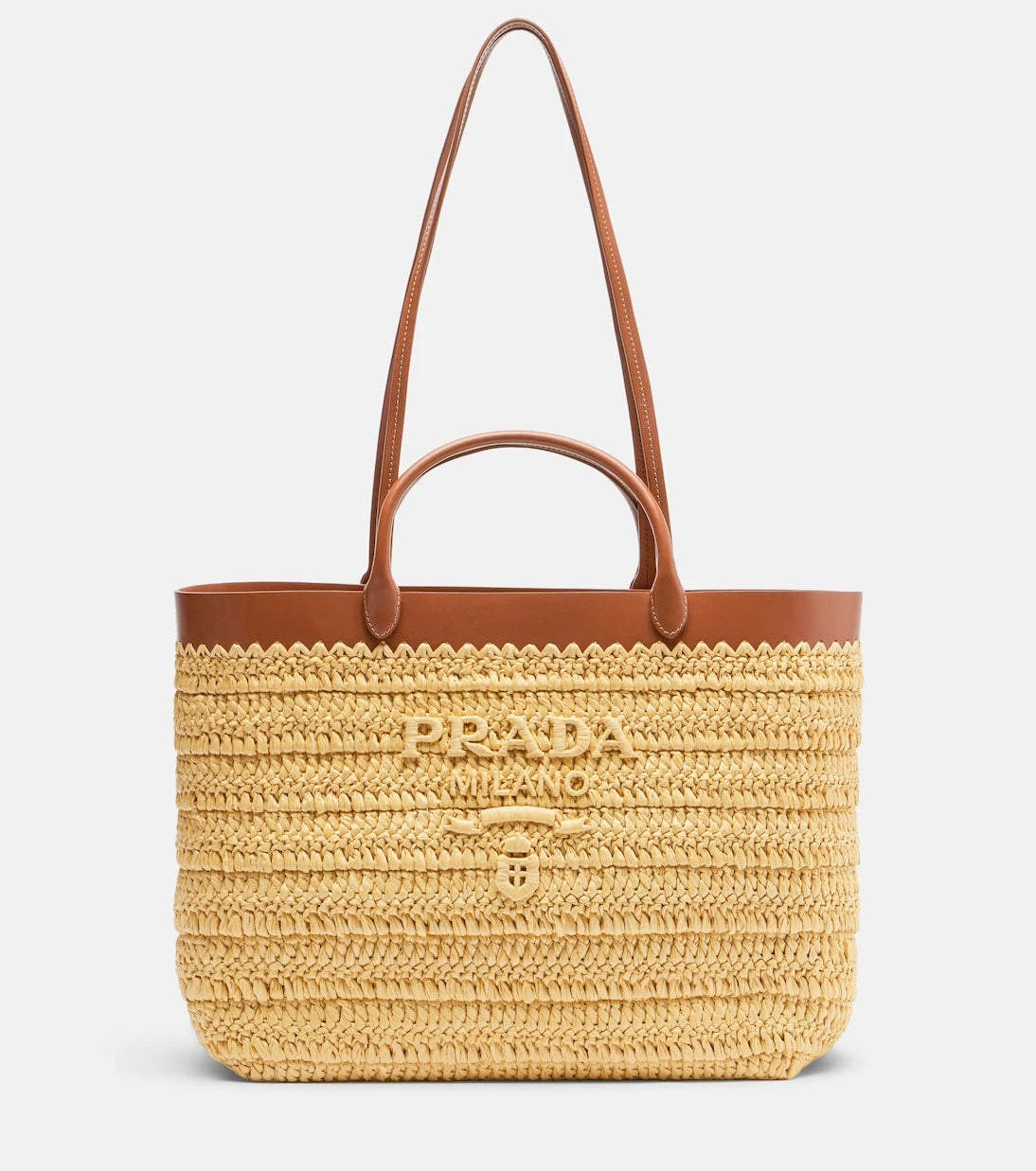 Prada - حقيبة يد توتس متوسطة من الرافيا ومُزينة بالجلد