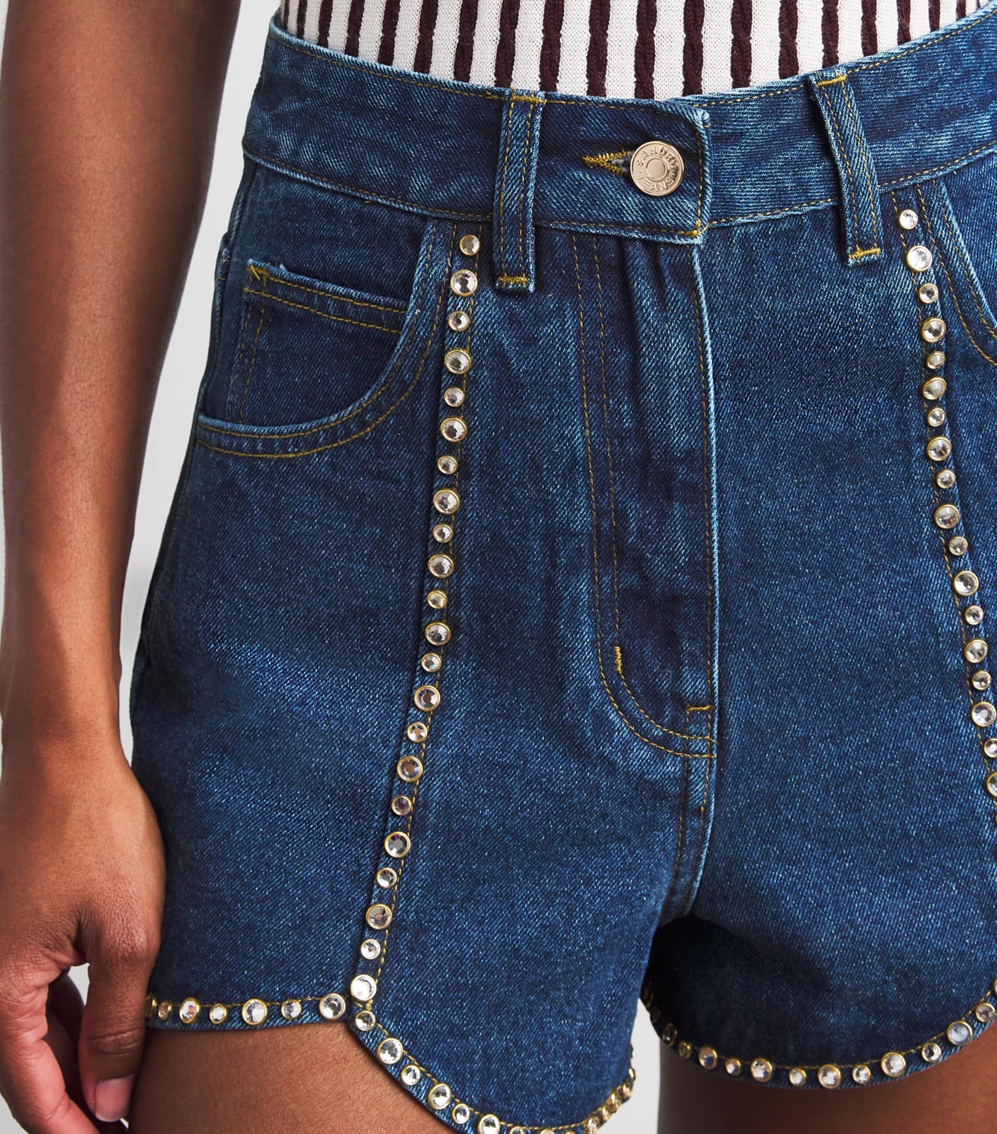 Blue Denim Rhinestone-Embellished Shorts
