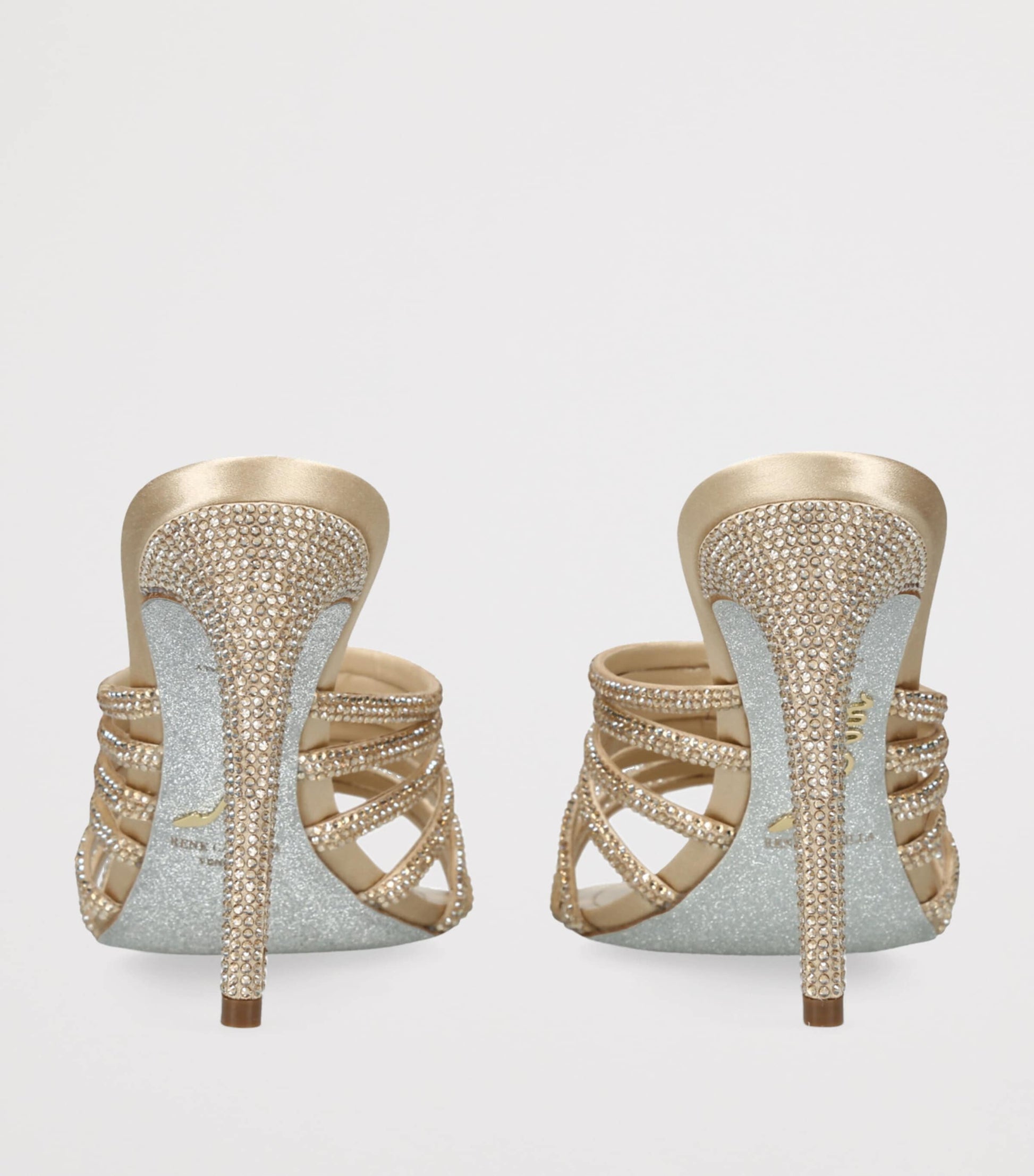 René Caovilla Gold Satin Strappy Heeled Mules 105